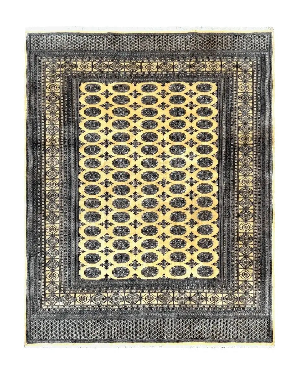 Pakistani Bokhara Turkoman Rug 9x11, Cream, Handmade Wool Vintage Carpet by Jewel Rugs