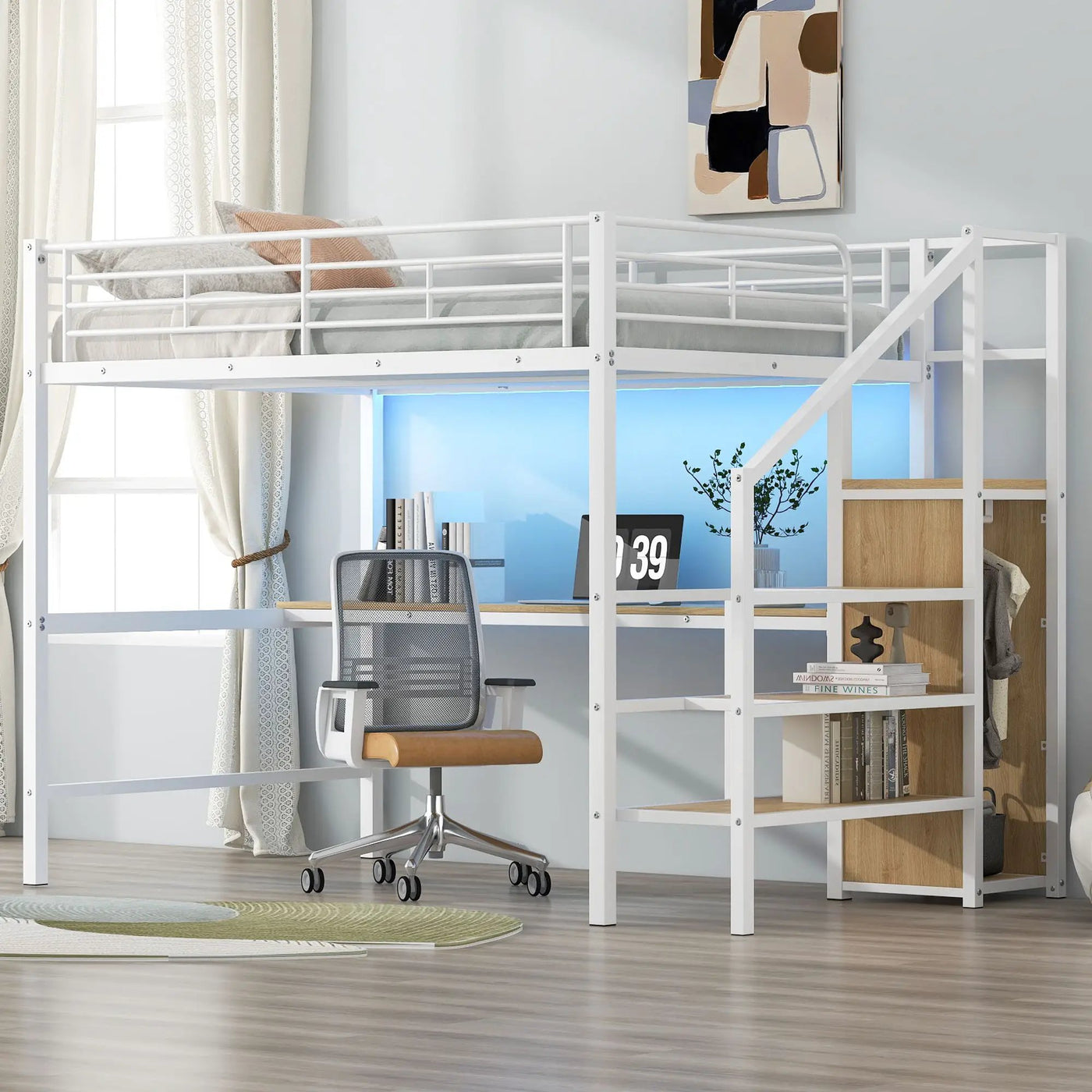 Loft Bed With Desk, Storage Staircase, Small Wardrobe And LED Light by HouseOfZazla