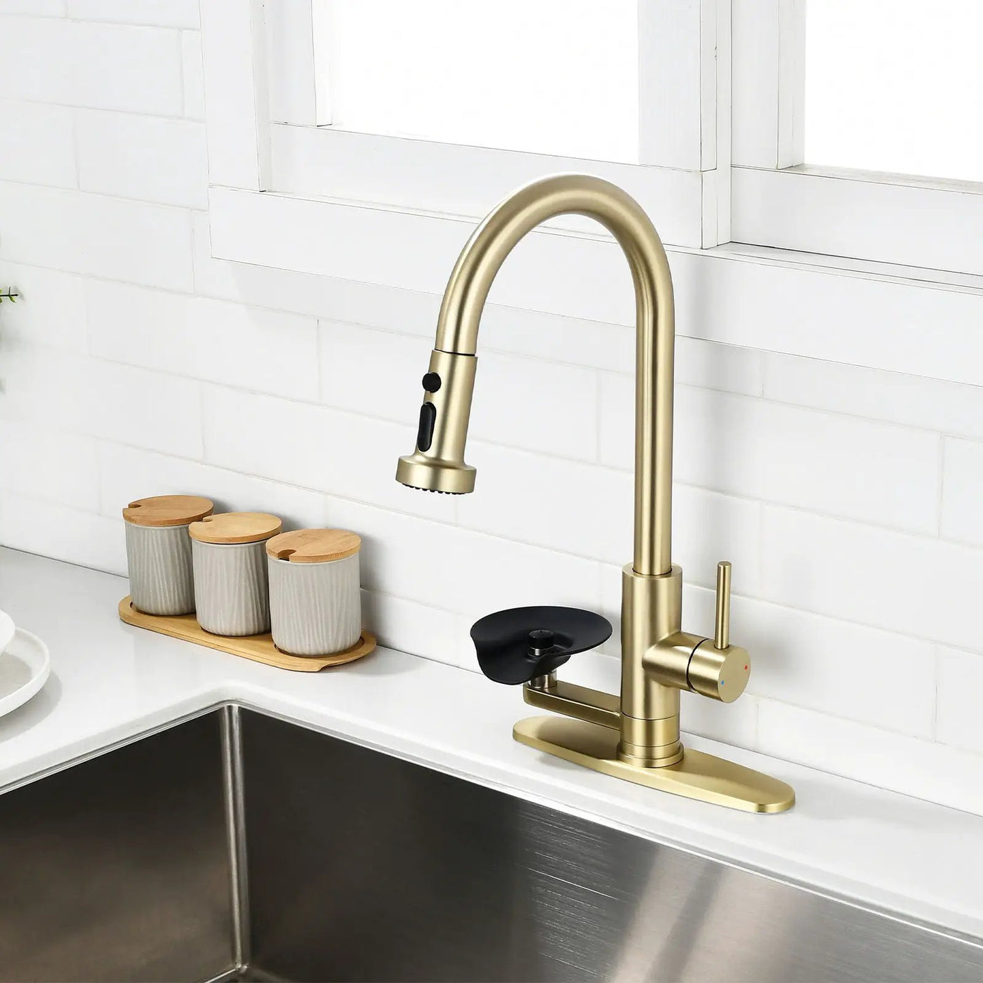 3 In 1 Kitchen Faucet With Press Type Glass Rinser, High Arc Pull Down Sprayer by HouseOfZazla
