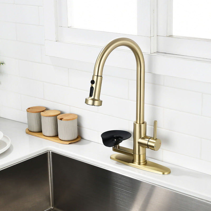 3 In 1 Kitchen Faucet With Press Type Glass Rinser, High Arc Pull Down Sprayer by HouseOfZazla