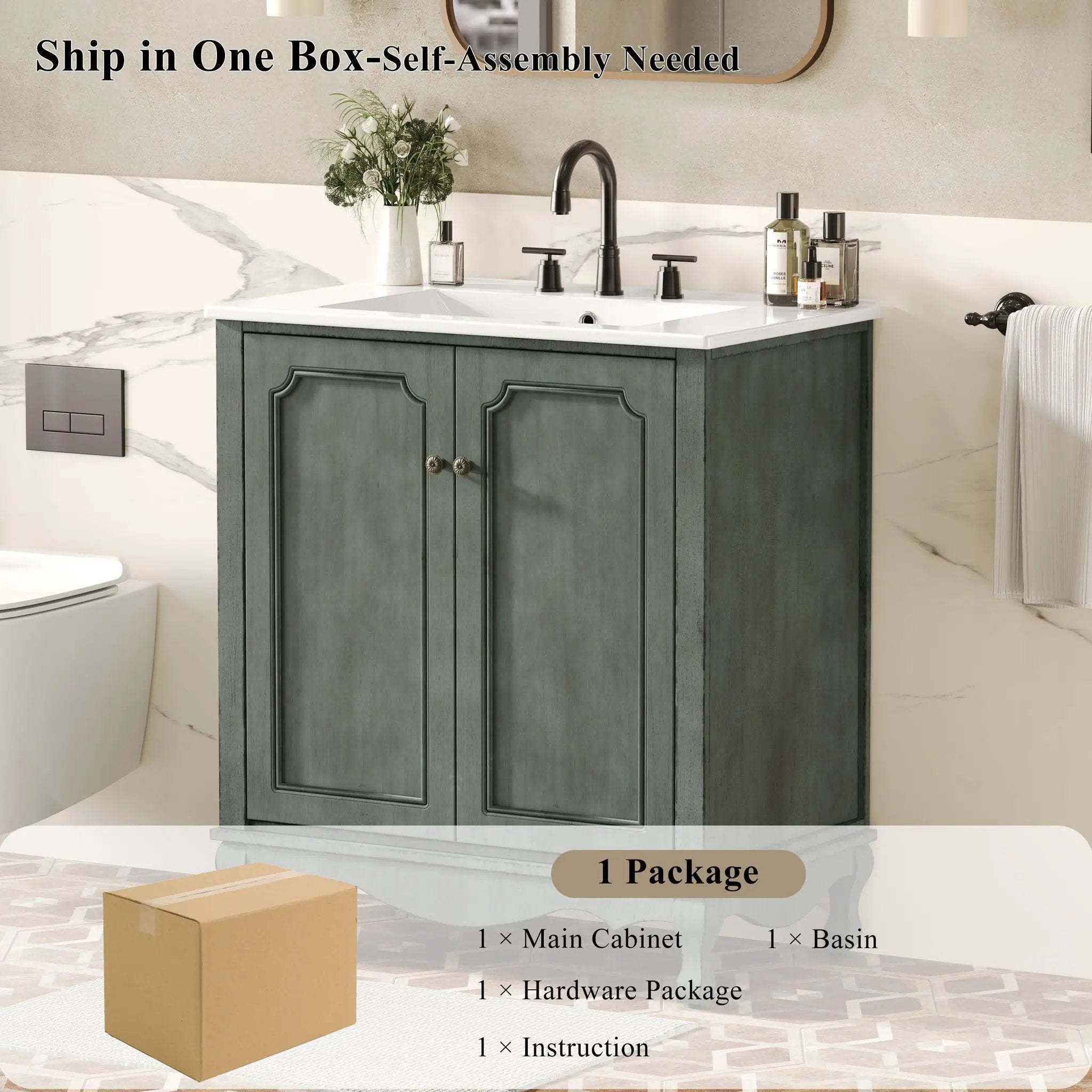 Vintage Bathroom Vanity With Ceramic Sink, Adjustable Shelves by HouseOfZazla