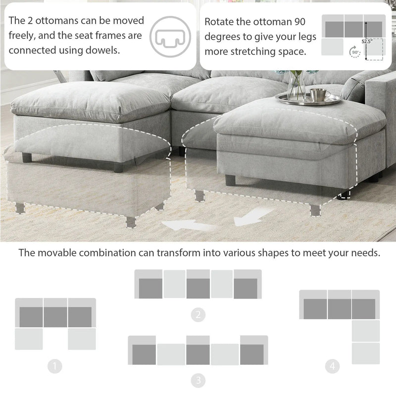 Modular Sectional With Storage Pockets, 5 Seat U Shaped Couch Set With Pillows, Free Combination Modern Cloud Sofa With 2 Movable Ottoman by Unique Piece Furniture