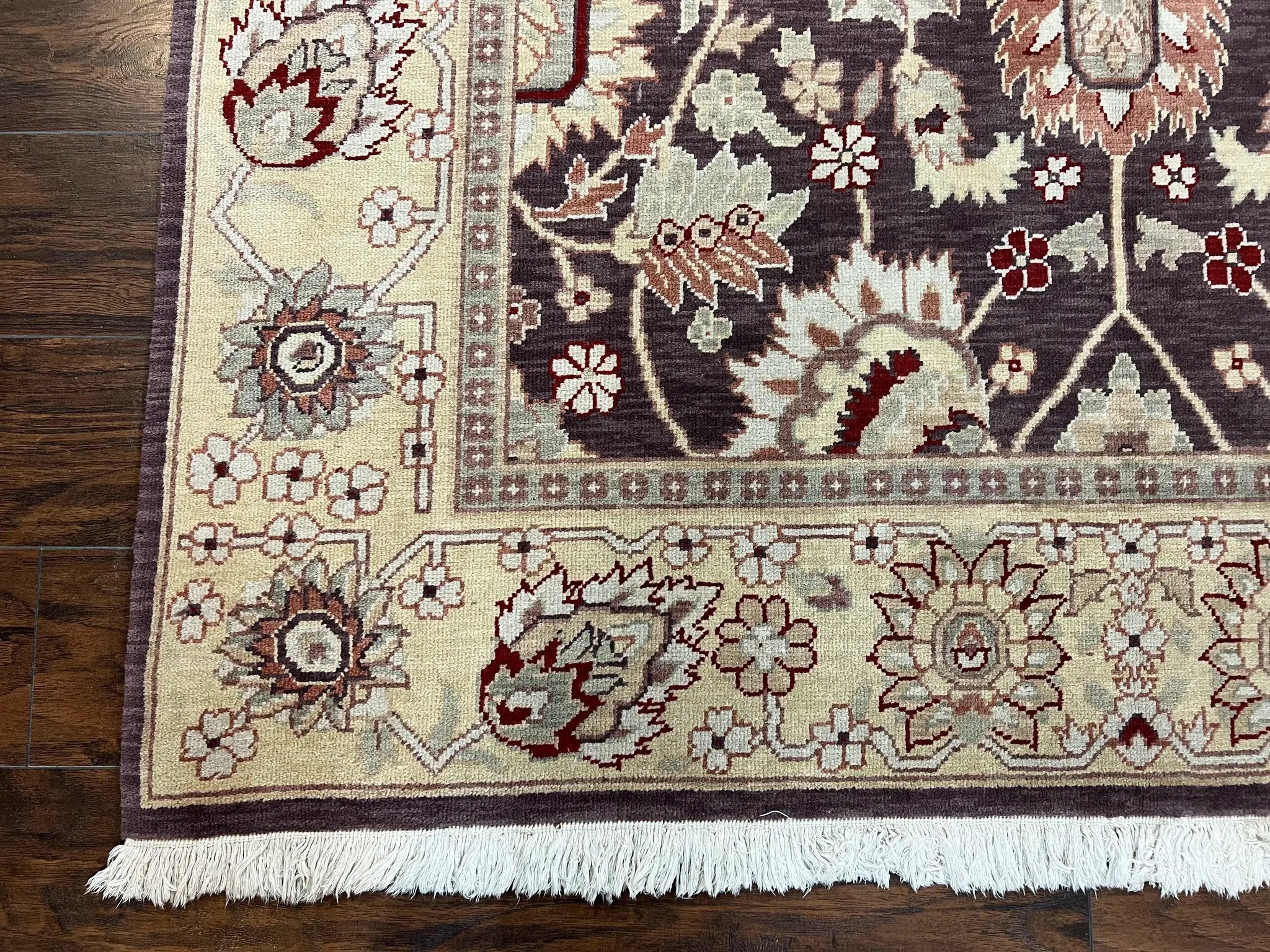 Vintage Indo Mahal Area Rug 6x9, Indian Persian Oriental Carpet 6 x 9, Puce Eggplant Tan Beige Rug, Hand-Knotted, Large Floral Design Wool by Jewel Rugs