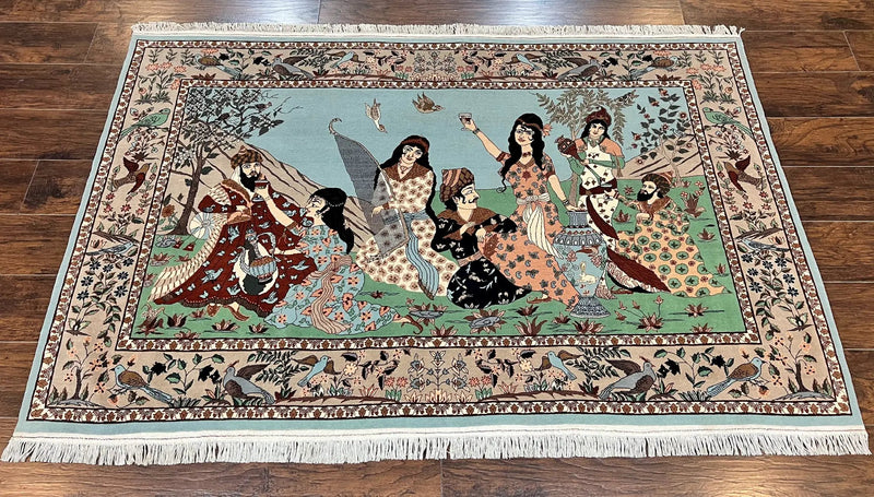 Indo Persian Pictorial Rug 4x7, Handmade Hand Knotted Wool Semi Antique Horizontal Carpet, Men & Women Drinking, Fine Rug, Bird Pictorials by Jewel Rugs