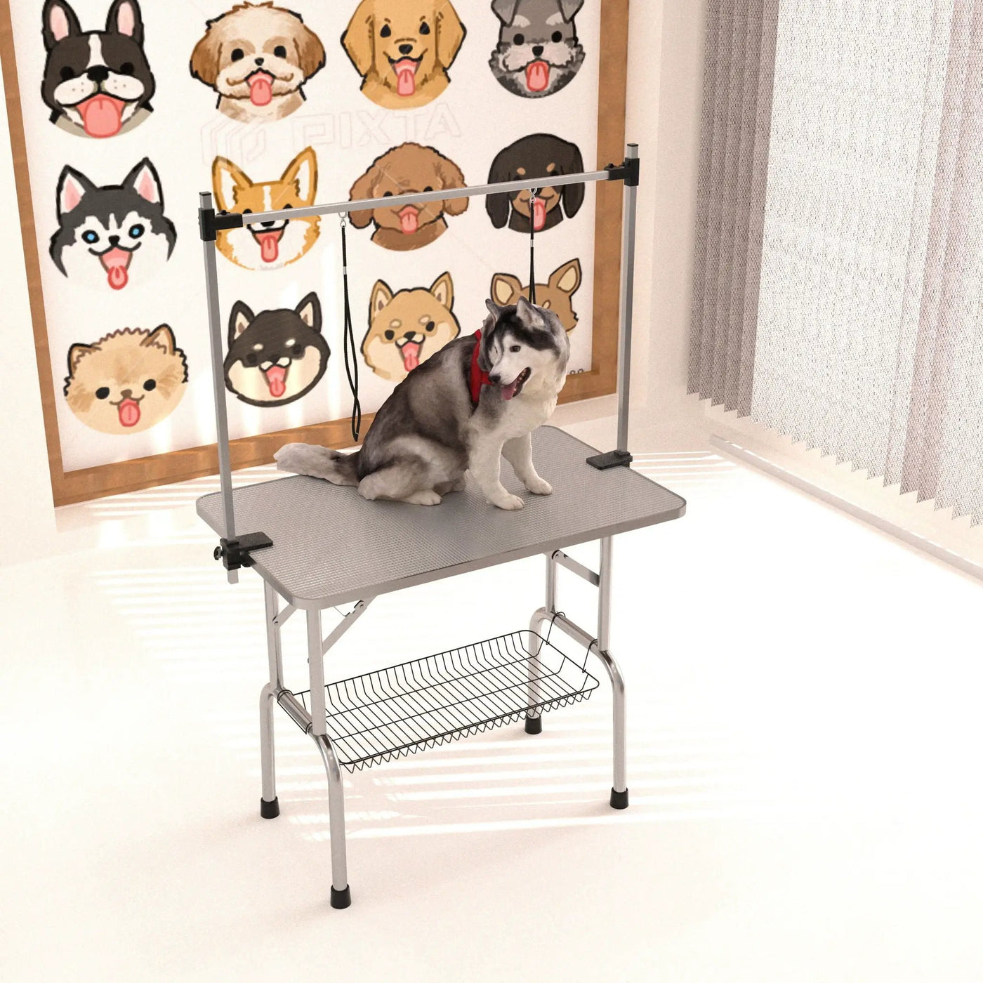 Folding Dog Pet Grooming Table Stainless Steel Frame Rubber Mat On Board With Adjustable Arm And Clamps Pet Dog Cat Grooming Table by HouseOfZazla