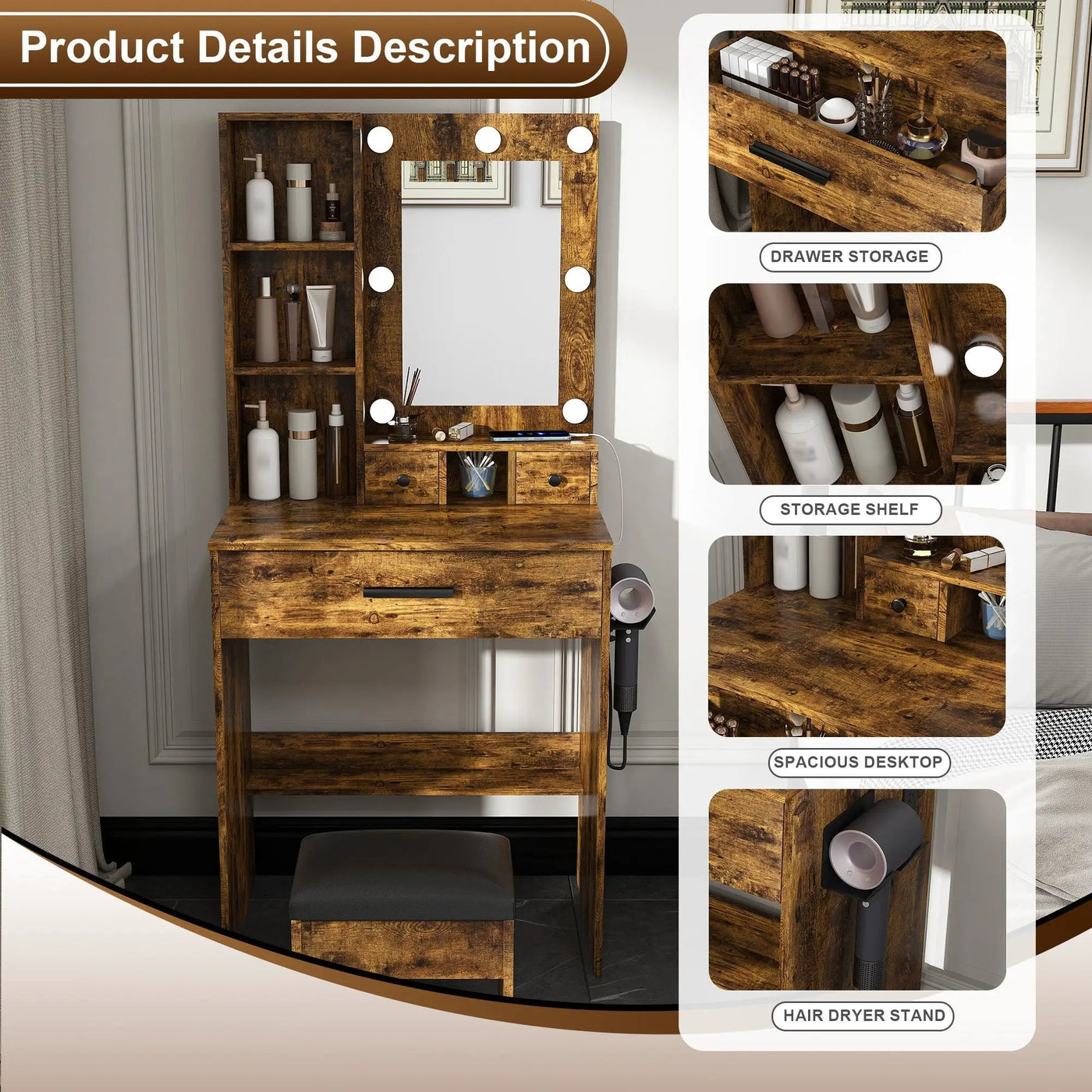 Vanity Table With Mirror, Adjustable LED Lights, Power Outlet, Hairdryer Holder & Stool by Unique Piece Furniture