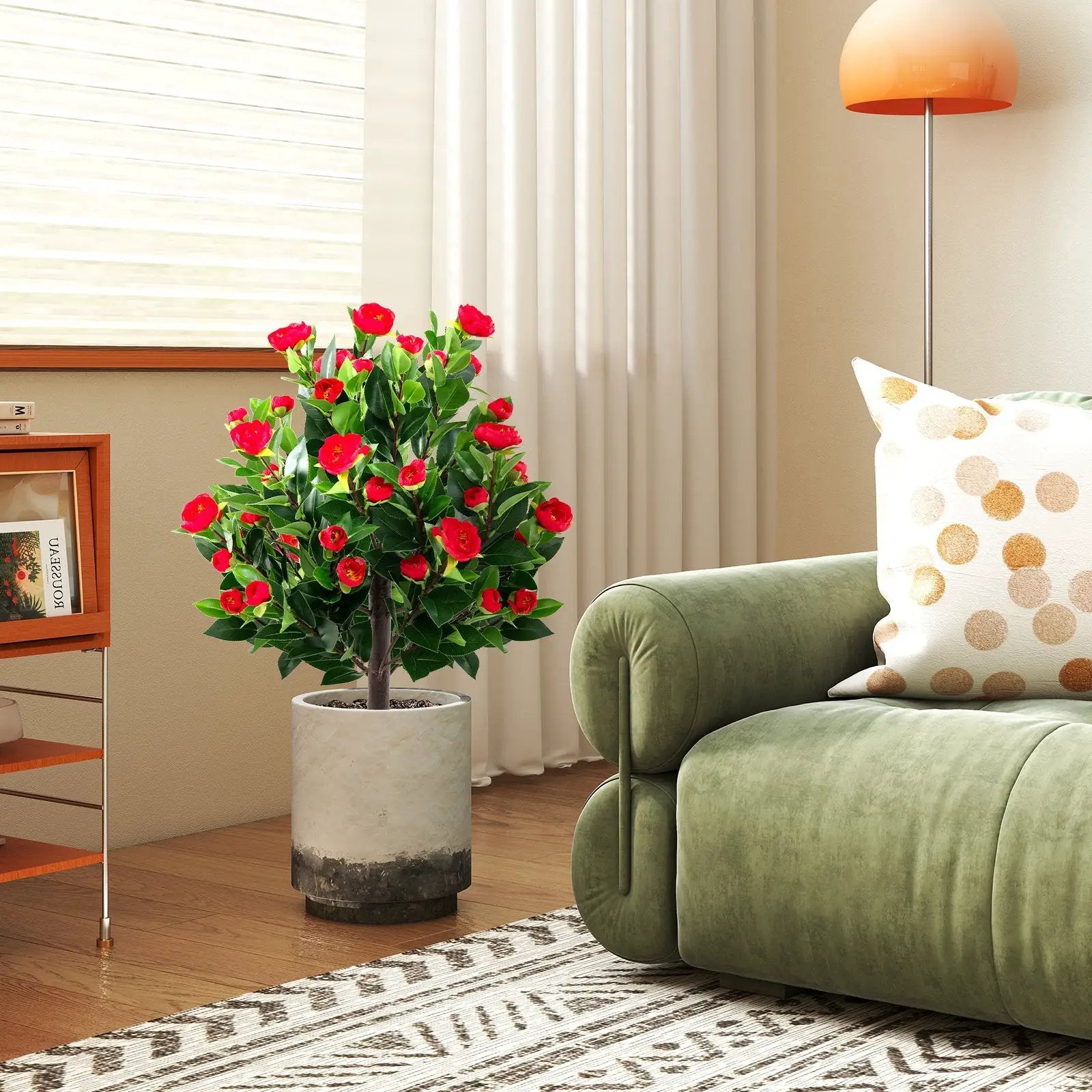 31 Inches Artificial Camellia Tree Set 2 Pack Fake Flower Trees-Green by DirectDeals