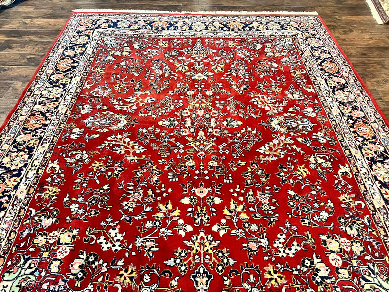 Indo Persian Sarouk Rug 8x10, Red, Floral Allover, Handmade Vintage Wool Carpet, Traditional Rug by Jewel Rugs