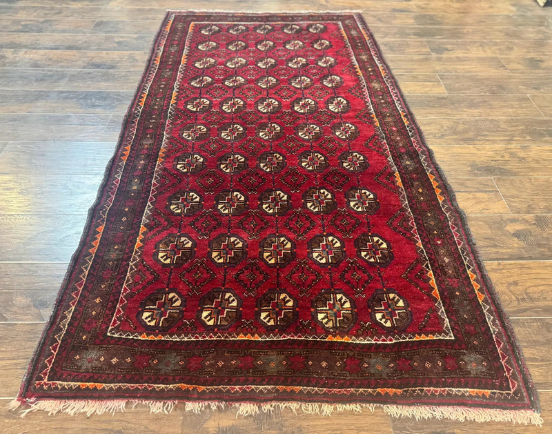 Persian Turkoman Tribal Rug 4x8, Handmade Vintage Wool Carpet, Red, Bohemian Rug by Jewel Rugs
