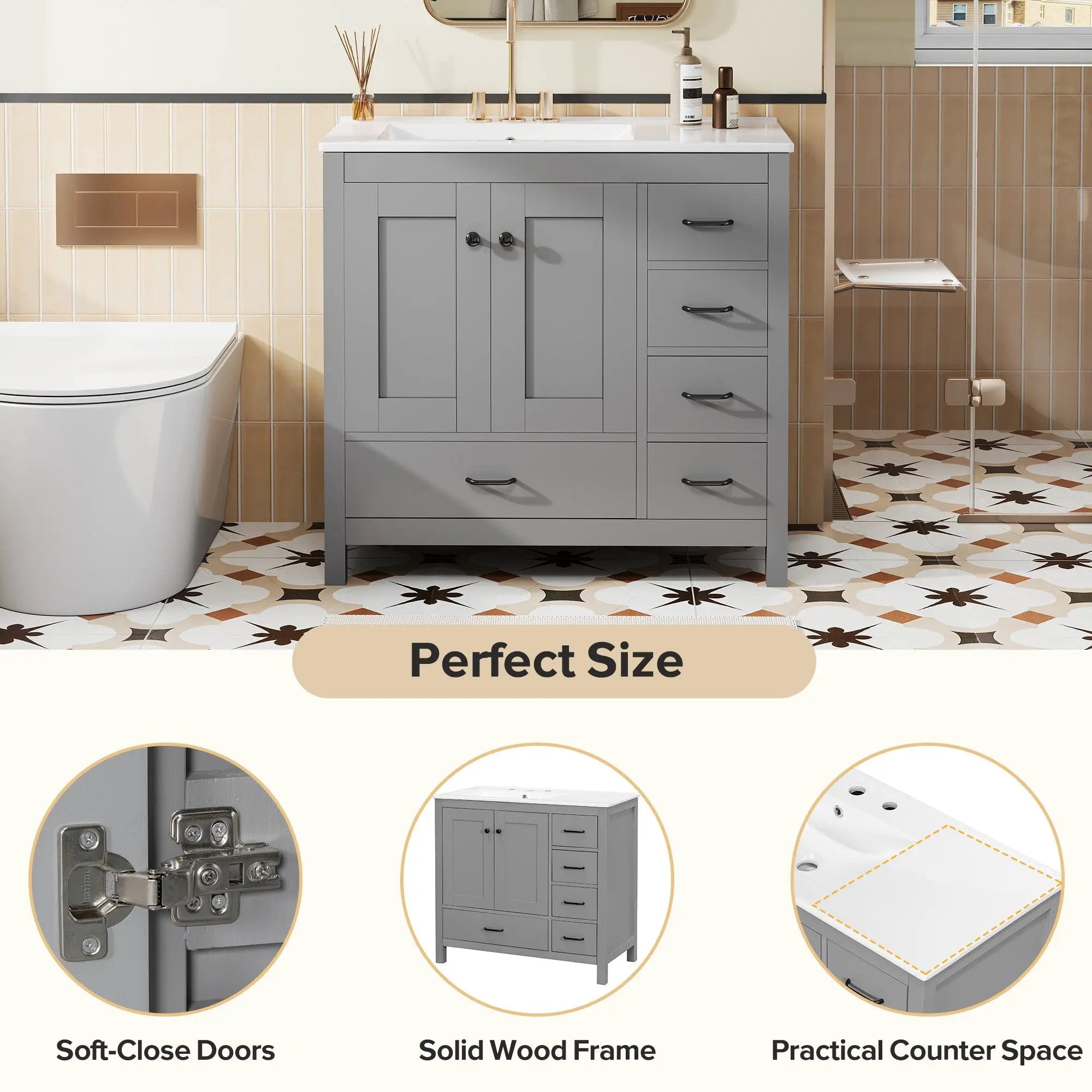 36" Gray Bathroom Vanity with Ceramic Sink Combo by HouseOfZazla