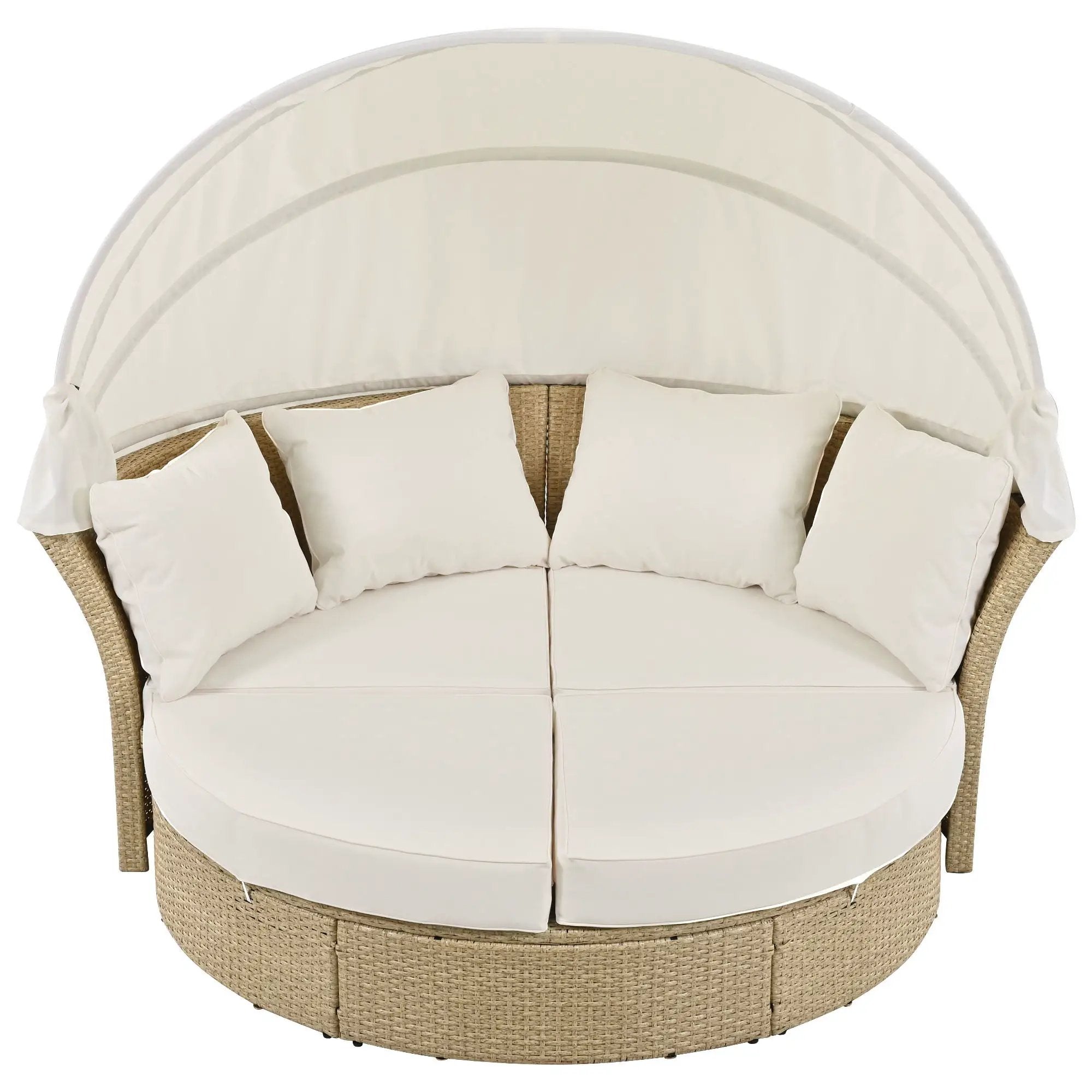 Outdoor Patio Daybed Wicker Rattan Double Daybed Round Sofa Furniture Set With Retractable Canopy, 4 Pillows For Lawn Garden by HouseOfZazla