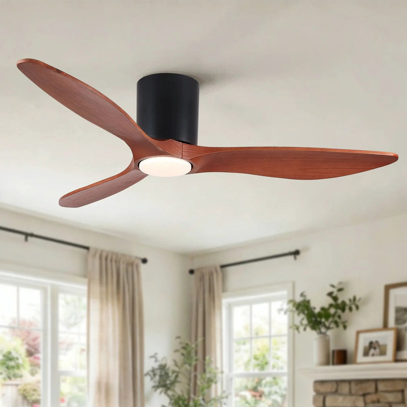 Low Profile Flush Mount Ceiling Fan With Light And Reversible Quiet Motor - Matte Black by HouseOfZazla