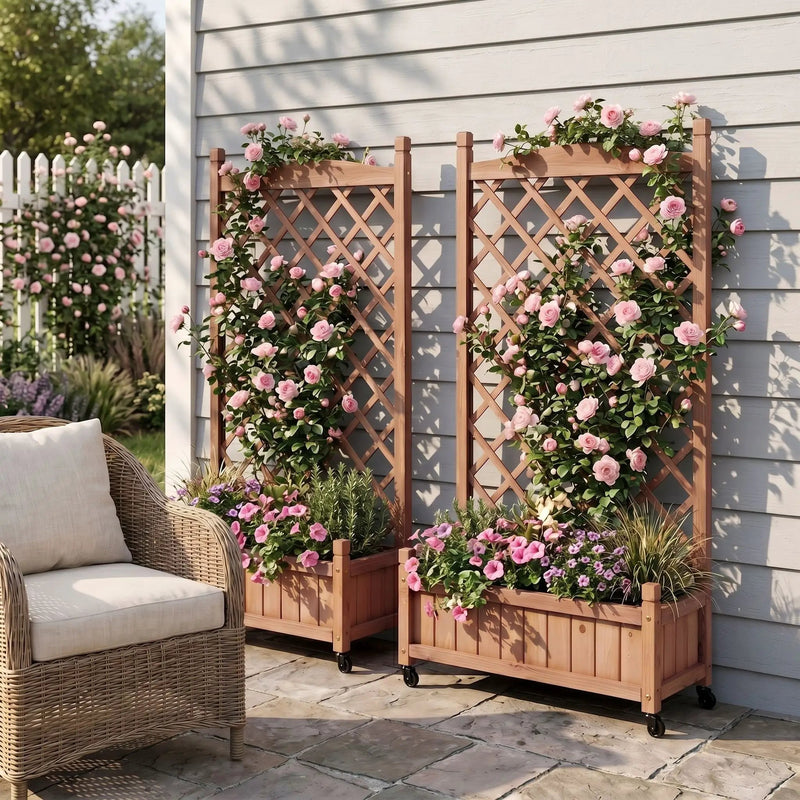 Raised Garden Bed With Trellis 2 Pack, Outdoor Planter Box & Plant Stand With Climbing Racks - Brown by Unique Piece Furniture