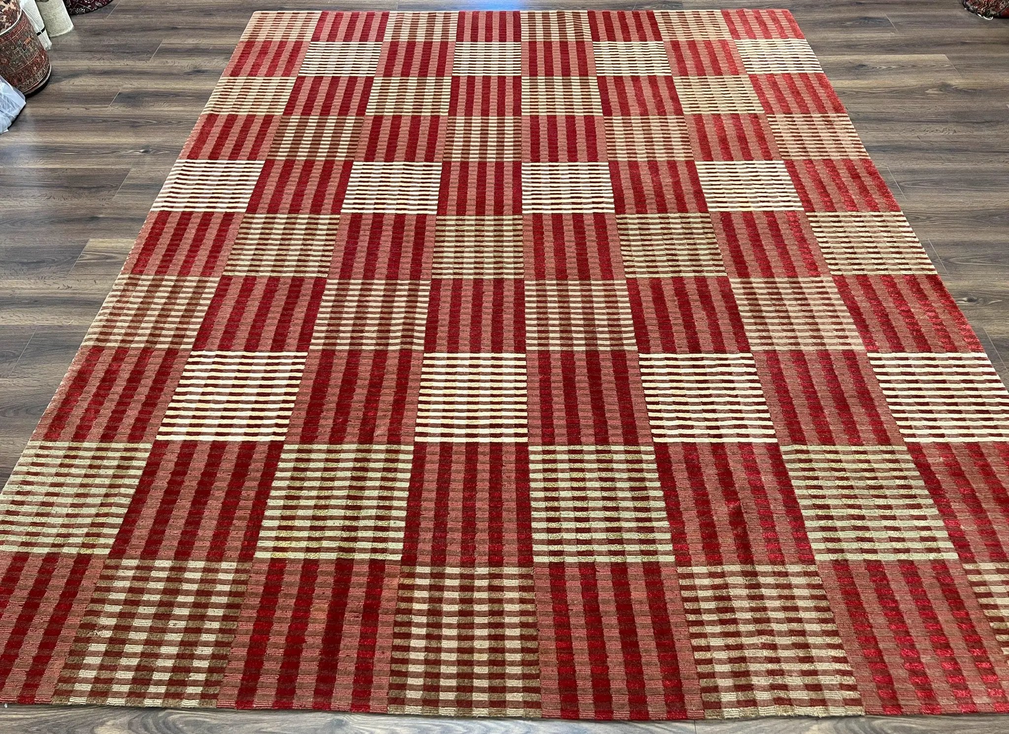 Modern Tibetan Rug 8x10, Hand Knotted Contemporary Nepali Carpet 8 x 10, Checkerboard Design, Red Cream Light Brown, Very Fine Wool & Silk by Jewel Rugs