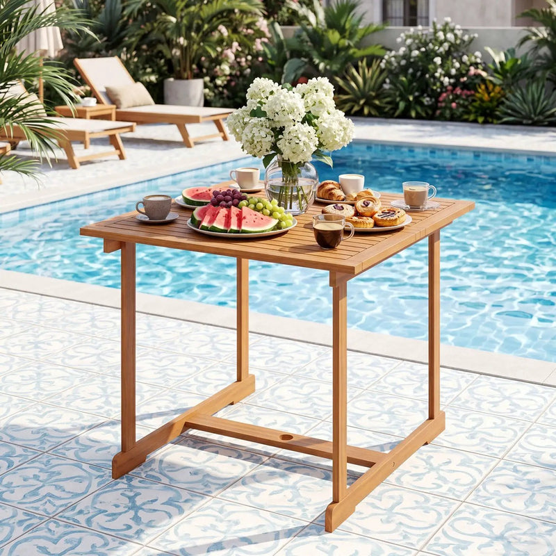 35.5" Acacia Wood Outdoor Dining Table with Umbrella Hole by DirectDeals