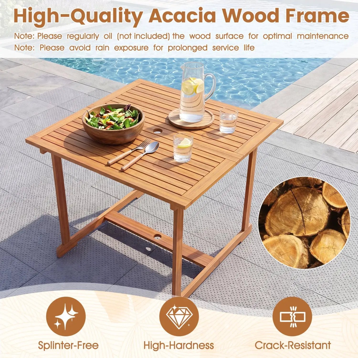 35.5" Acacia Wood Outdoor Dining Table with Umbrella Hole by DirectDeals