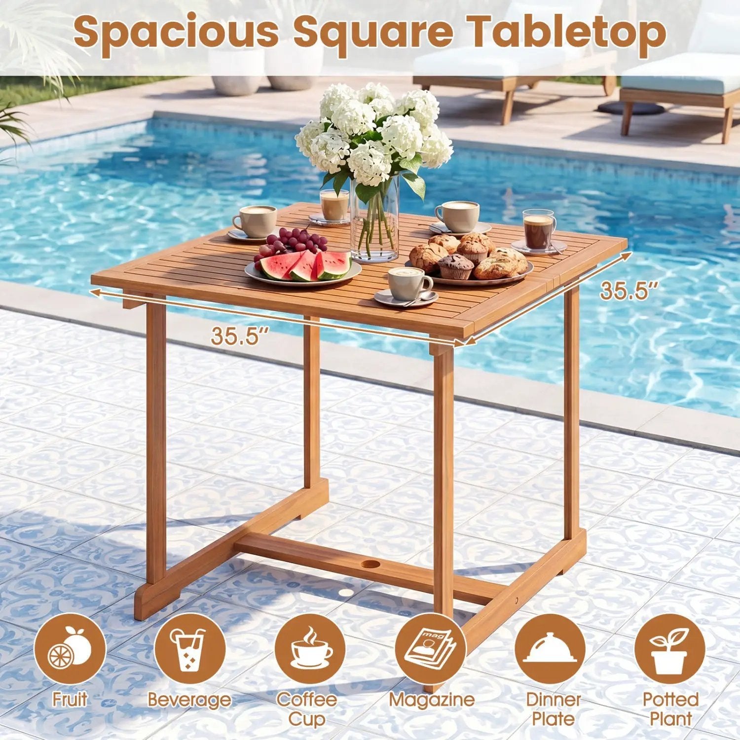 35.5" Acacia Wood Outdoor Dining Table with Umbrella Hole by DirectDeals