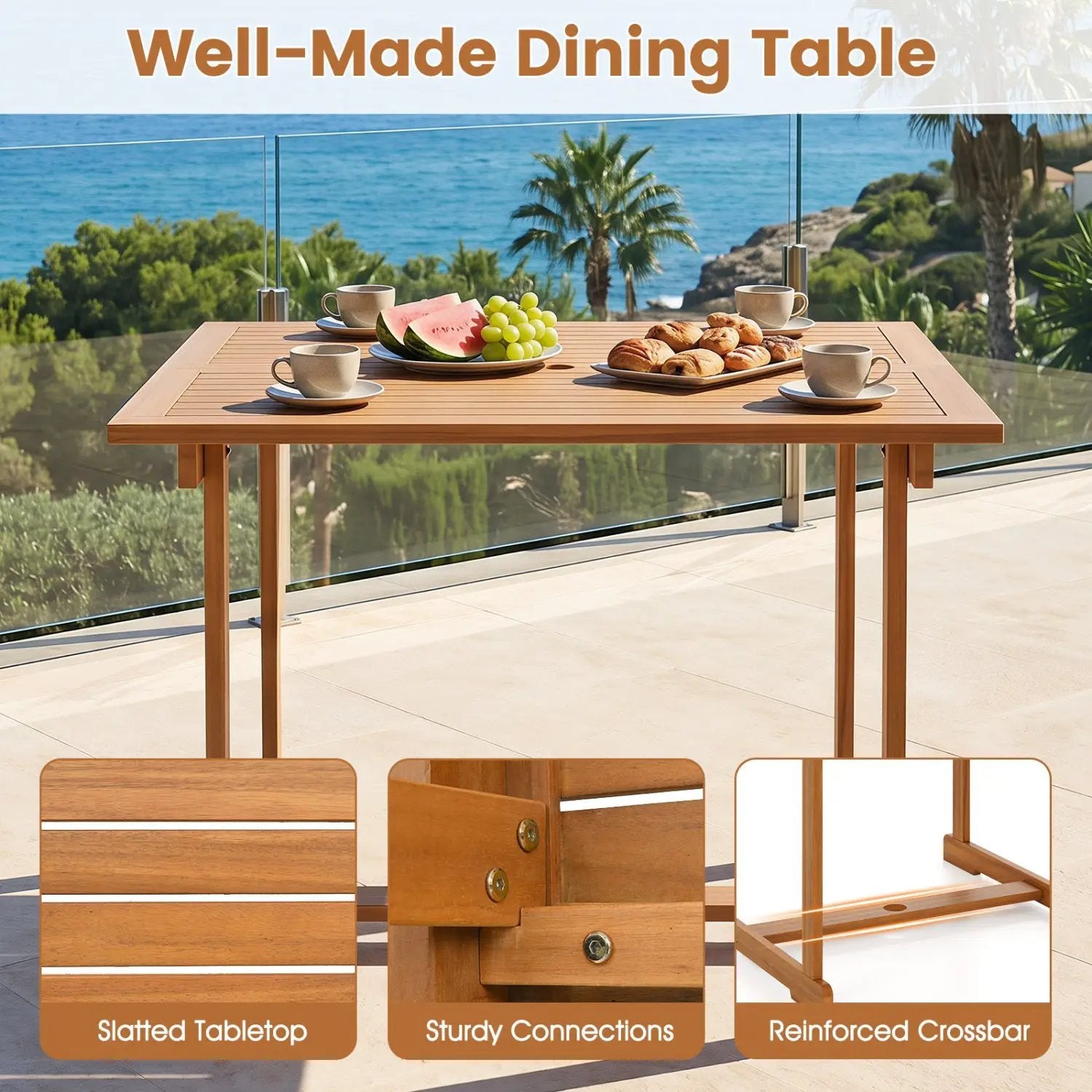 35.5" Acacia Wood Outdoor Dining Table with Umbrella Hole by DirectDeals