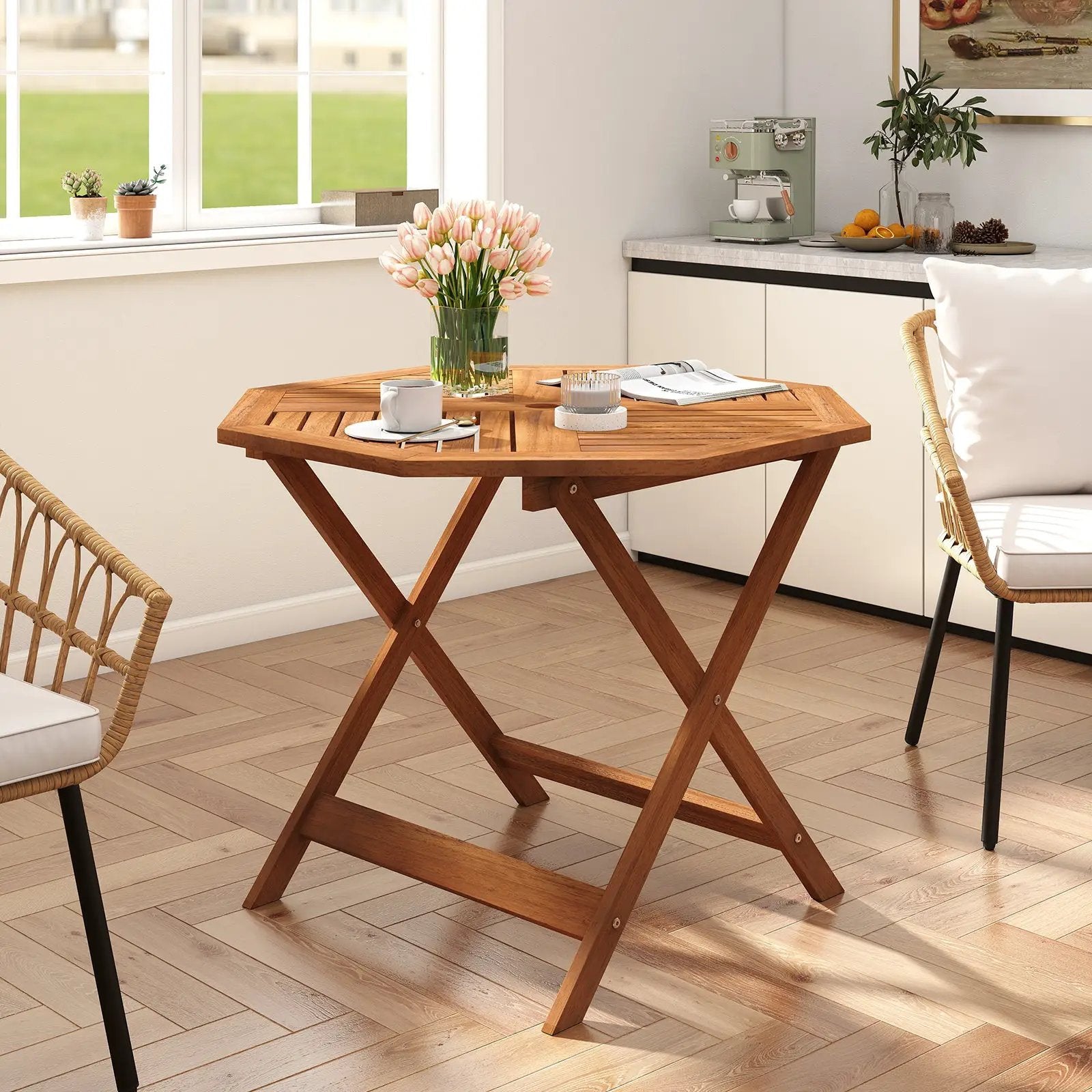 35.5 Inch Solid Wood Patio Dining Table Octagon Table with 1.97 Inch Umbrella Hole by DirectDeals
