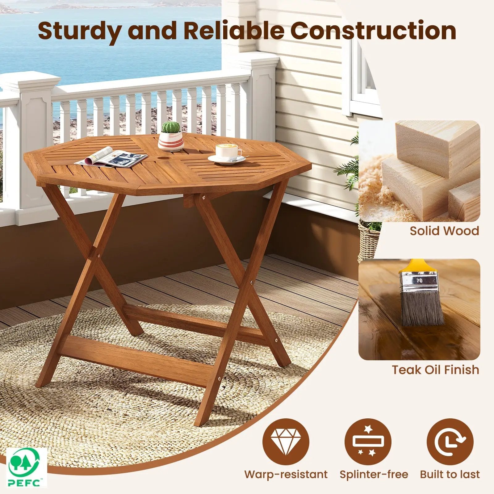 35.5 Inch Solid Wood Patio Dining Table Octagon Table with 1.97 Inch Umbrella Hole by DirectDeals