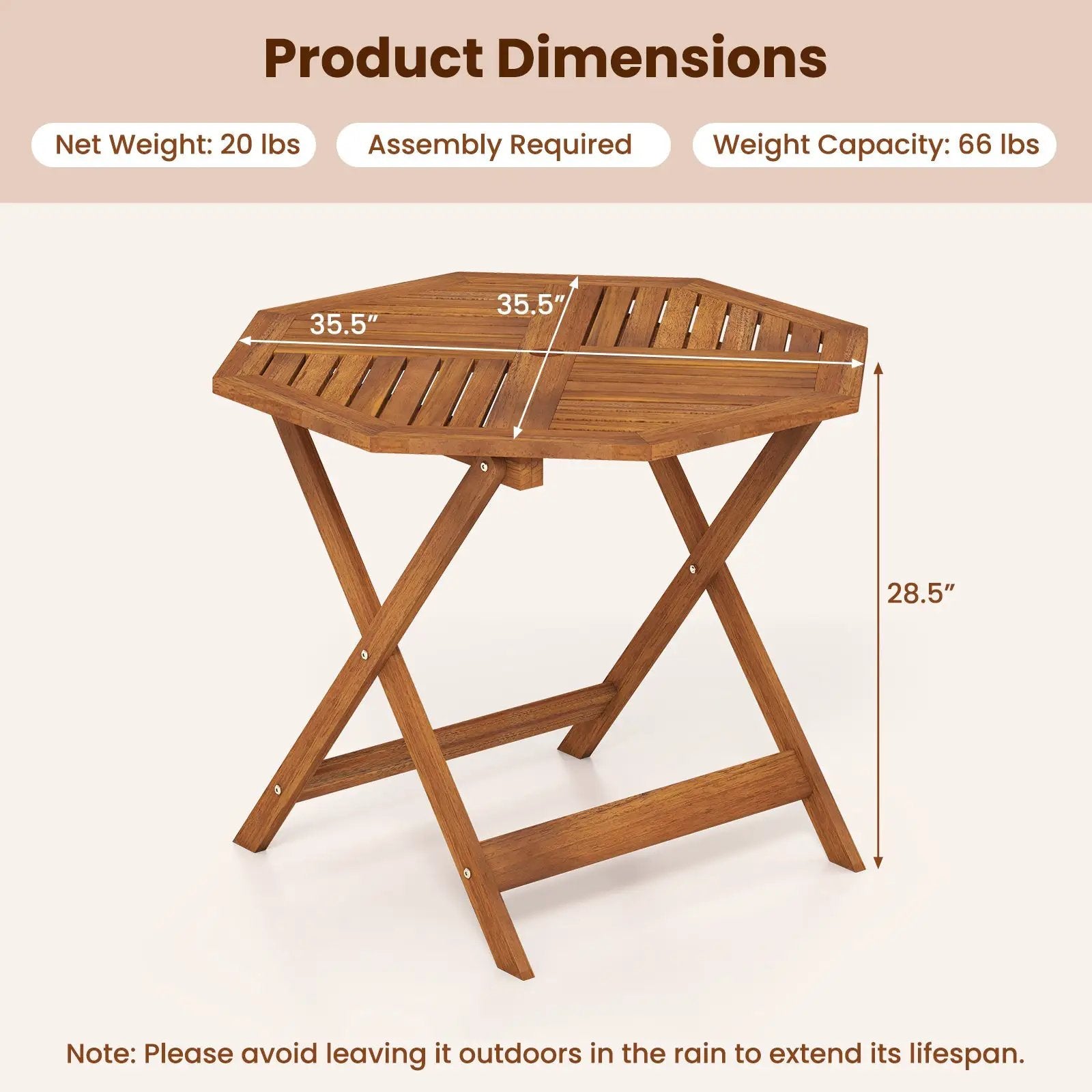 35.5 Inch Solid Wood Patio Dining Table Octagon Table with 1.97 Inch Umbrella Hole by DirectDeals