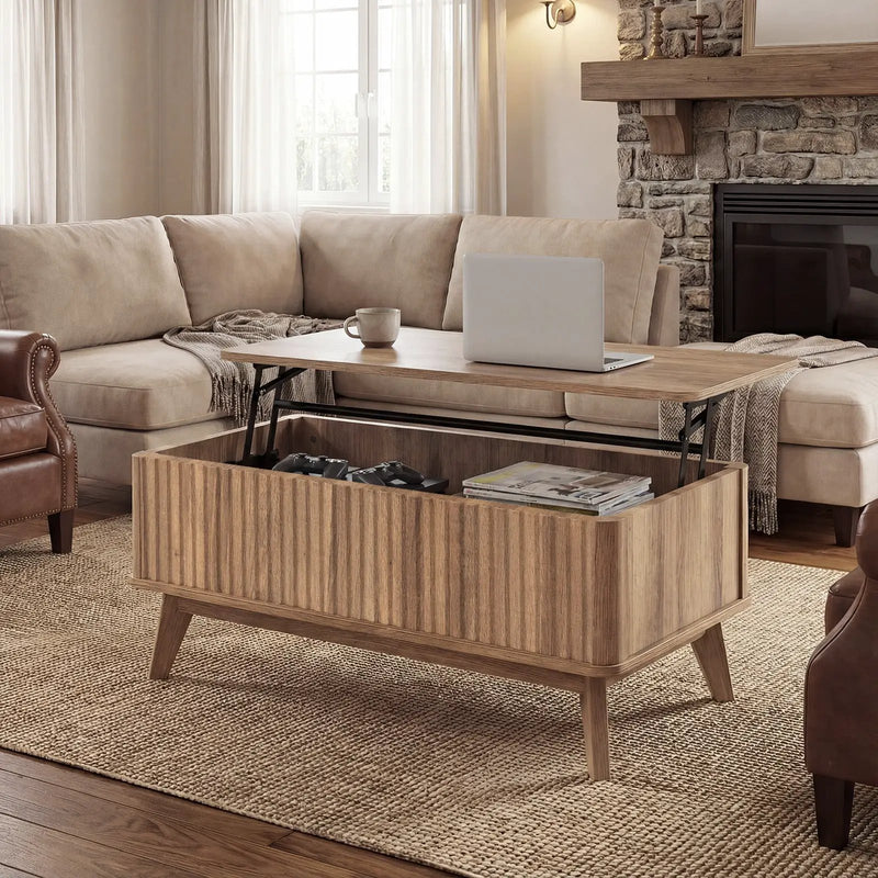 35.5" Rectangle Wooden Fluted Lift Top Coffee Table-Walnut by DirectDeals