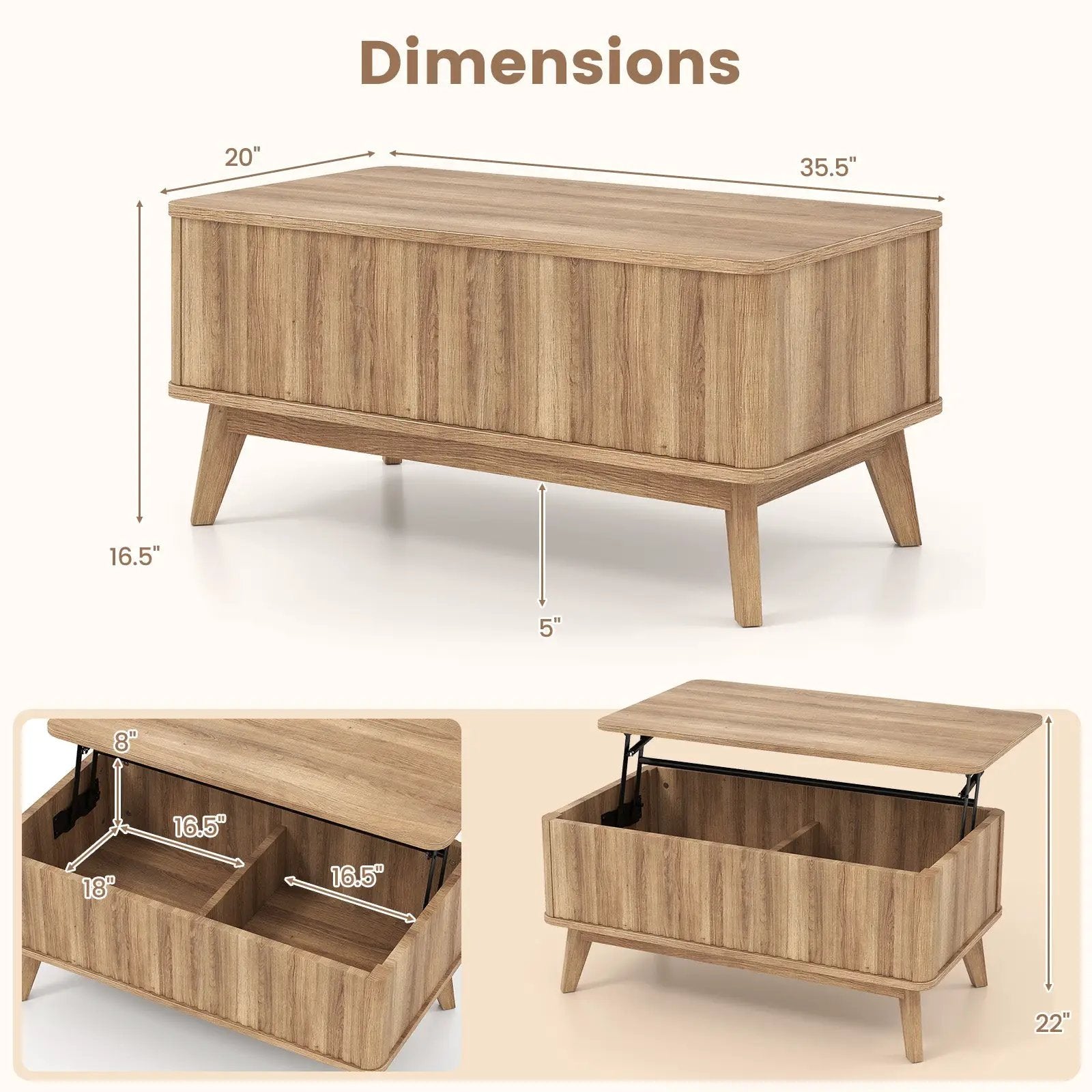 35.5" Rectangle Wooden Fluted Lift Top Coffee Table-Walnut by DirectDeals