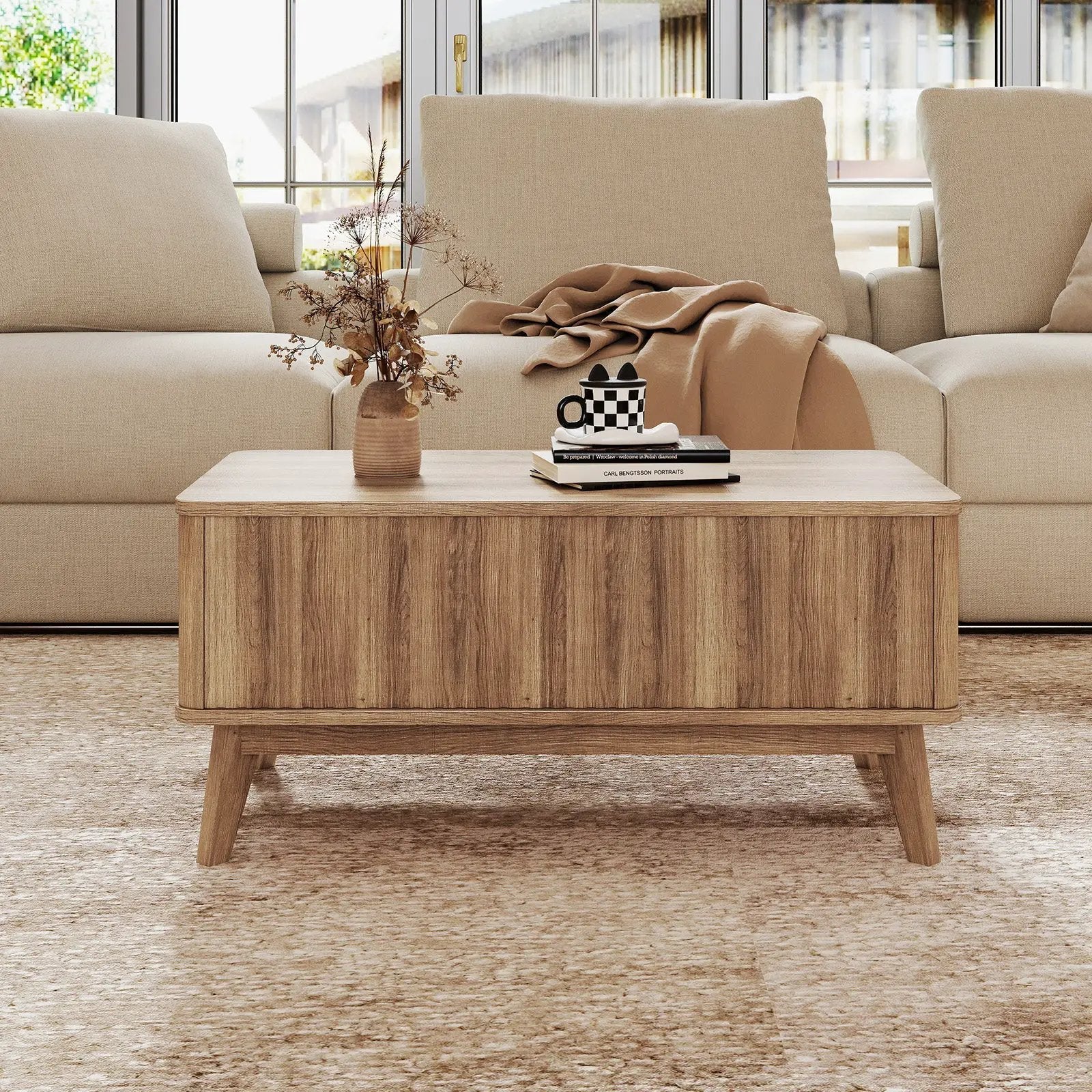 35.5" Rectangle Wooden Fluted Lift Top Coffee Table-Walnut by DirectDeals