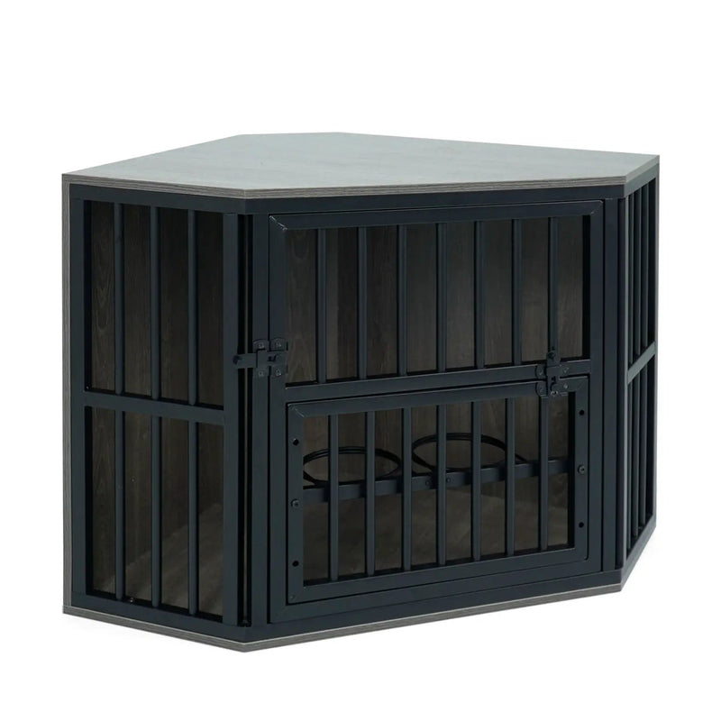 Wooden Dog Crate End Table with Adjustable Bowl Rack 35.5" by DirectDeals