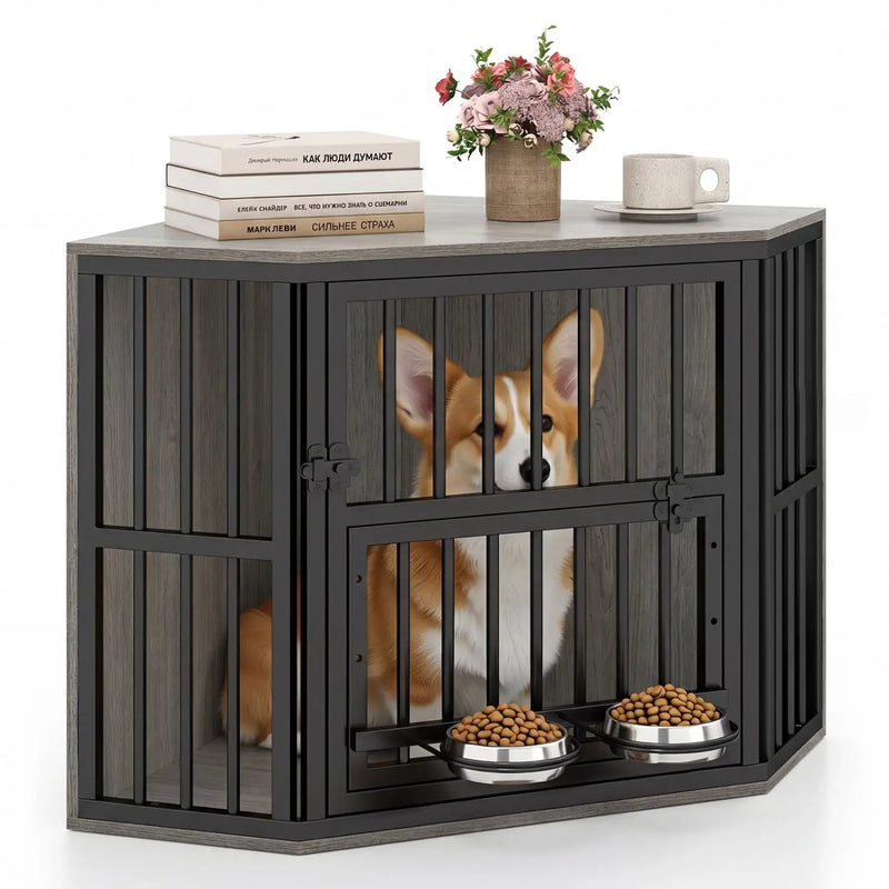 Wooden Dog Crate End Table with Adjustable Bowl Rack 35.5" by DirectDeals