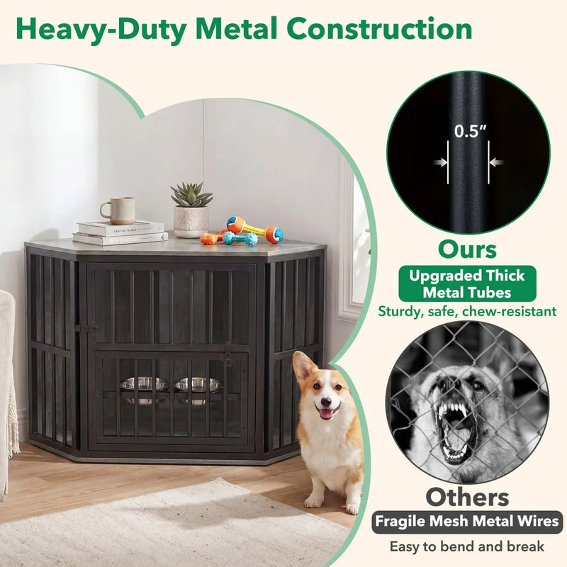 Wooden Dog Crate End Table with Adjustable Bowl Rack 35.5" by DirectDeals