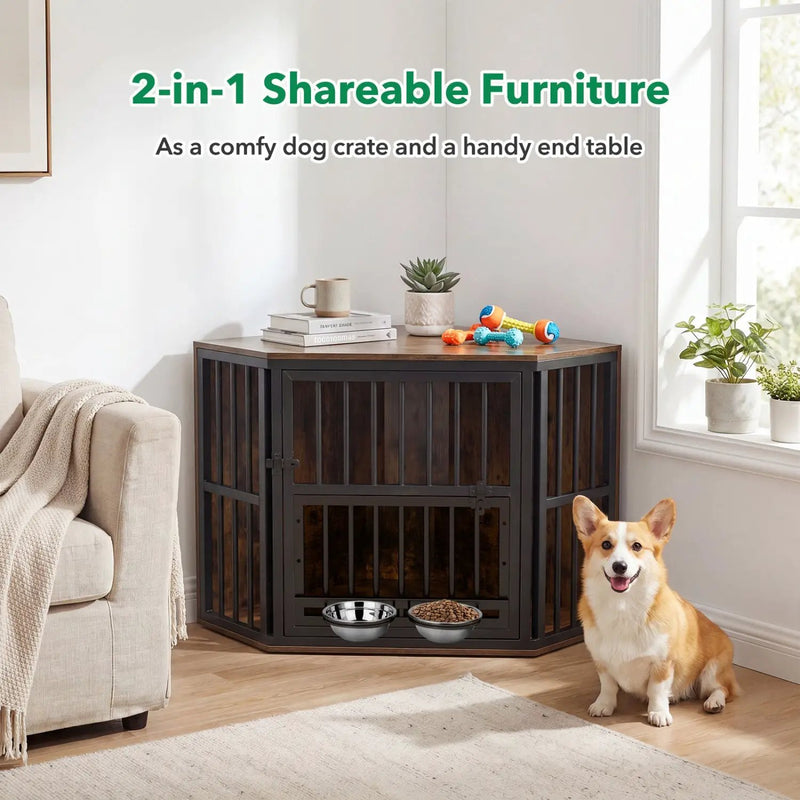 Wooden Dog Crate End Table with Adjustable Bowl Rack 35.5" by DirectDeals