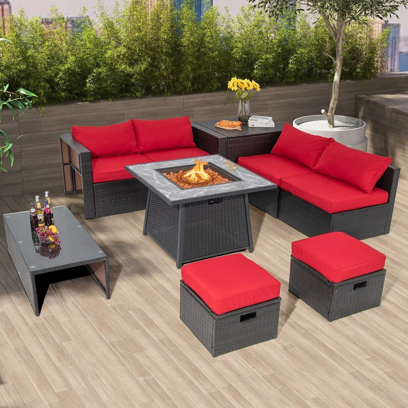 35 Inch Propane Gas Fire Pit Table Wicker Rattan with Lava Rocks PVC Cover-Black by DirectDeals