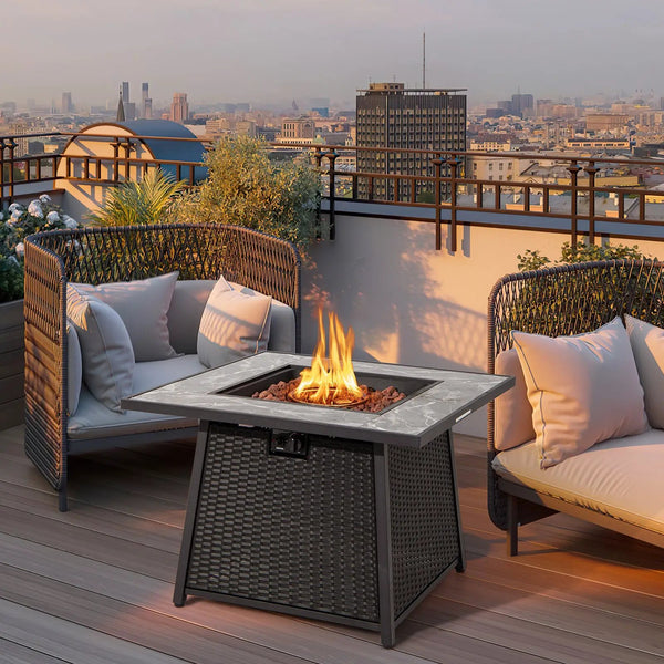 35 Inch Propane Gas Fire Pit Table Wicker Rattan with Lava Rocks PVC Cover-Black, photo 2 of 8