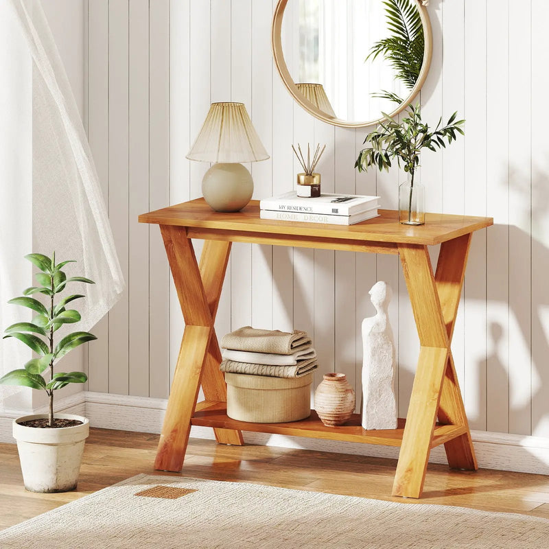 35 Inch Solid Teak Wood Console Table with Storage Shelf by DirectDeals