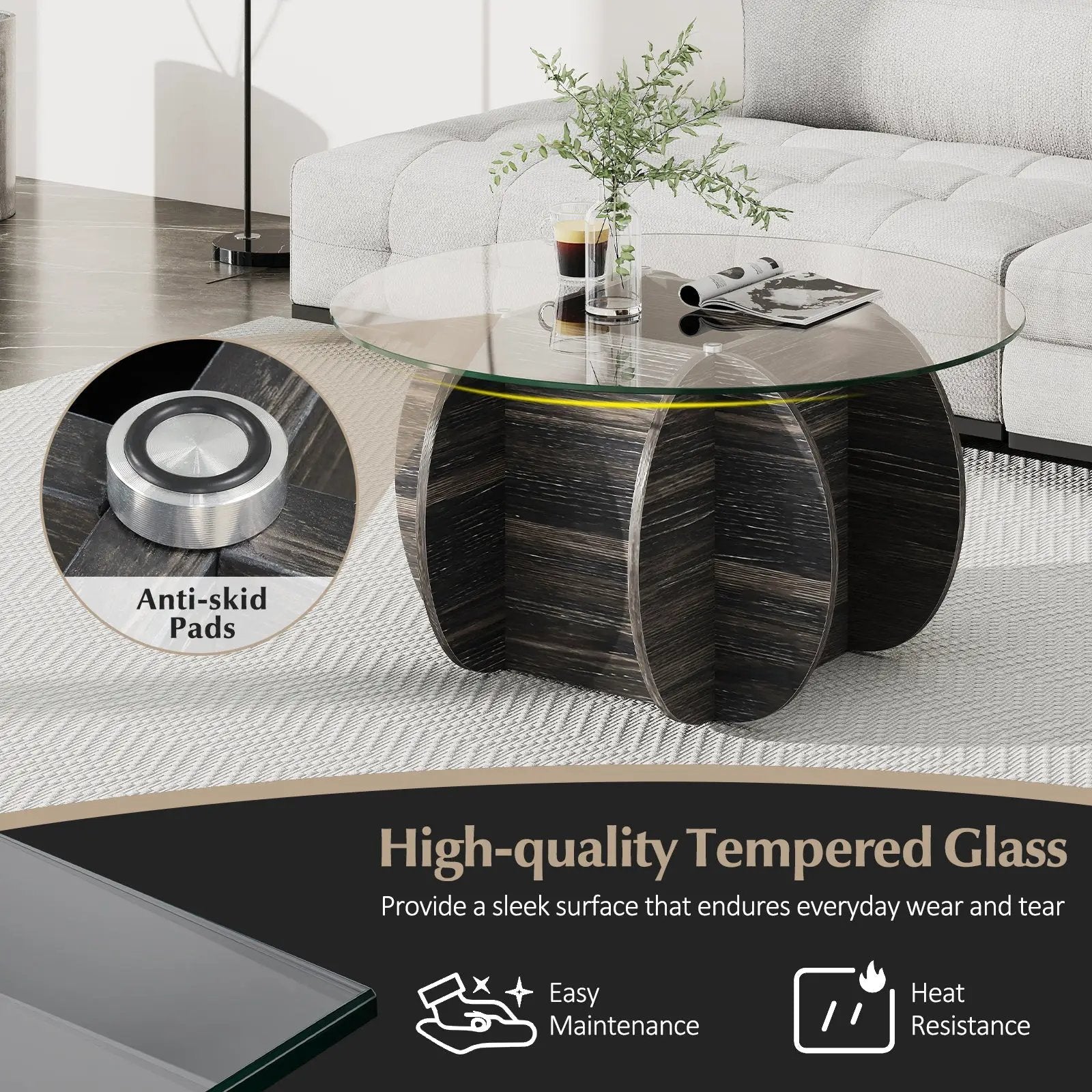 35" Round Coffee Table Unique Circle Center Table with Tempered Glass Top and Solid Wood Base-Black by DirectDeals