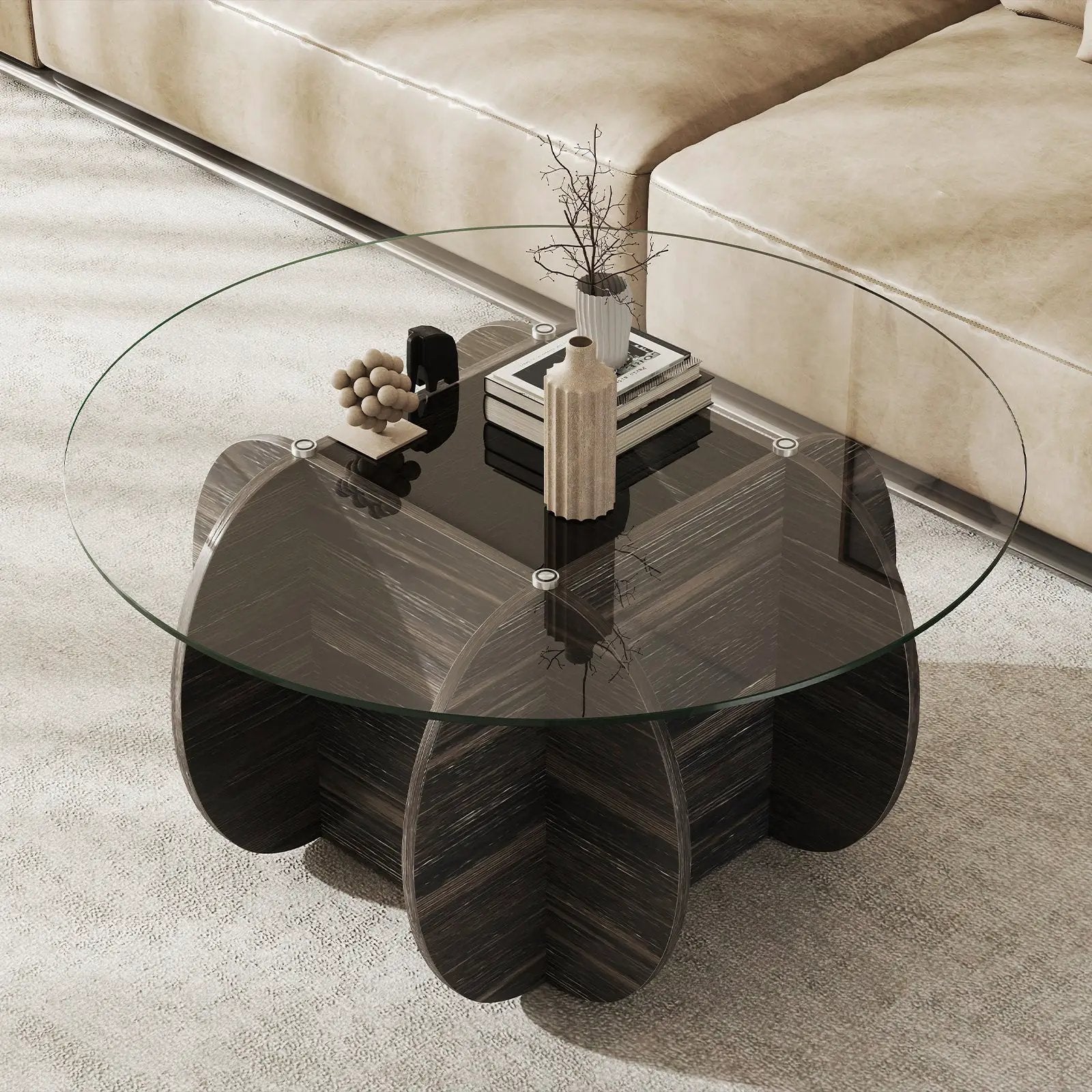 35" Round Coffee Table Unique Circle Center Table with Tempered Glass Top and Solid Wood Base-Black by DirectDeals