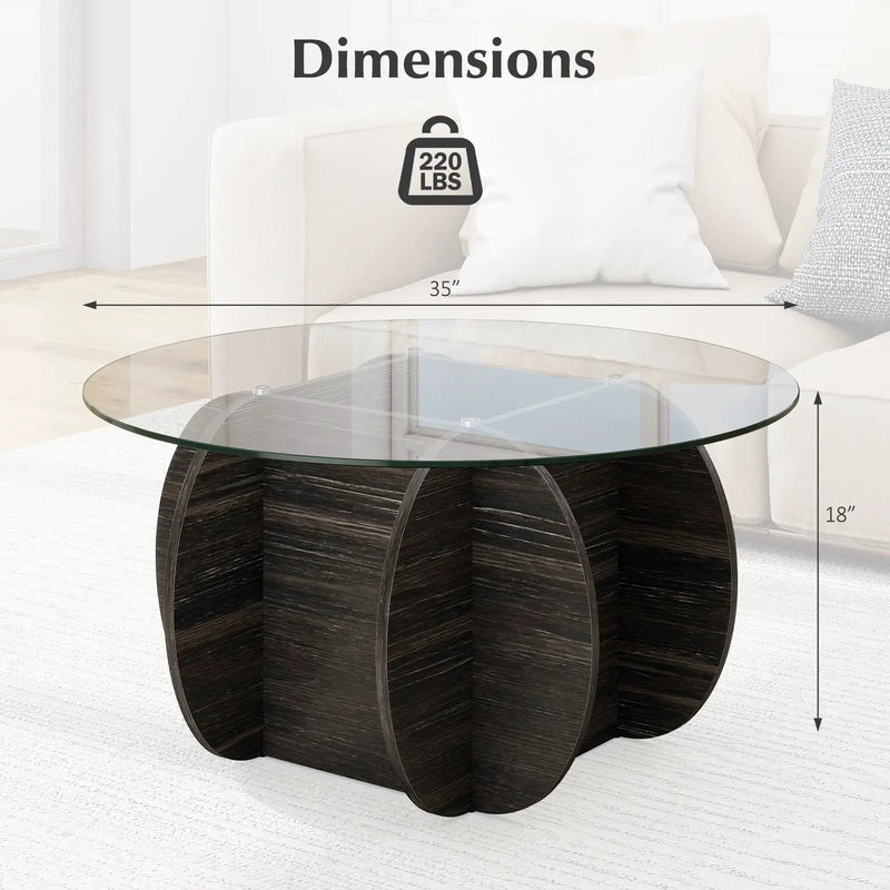 35" Round Coffee Table Unique Circle Center Table with Tempered Glass Top and Solid Wood Base-Black by DirectDeals