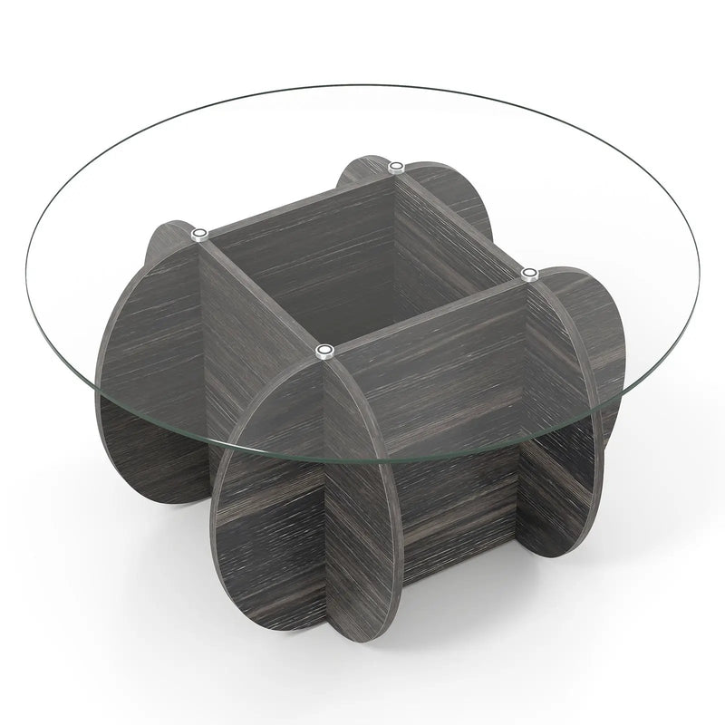35" Round Coffee Table Unique Circle Center Table with Tempered Glass Top and Solid Wood Base-Black by DirectDeals