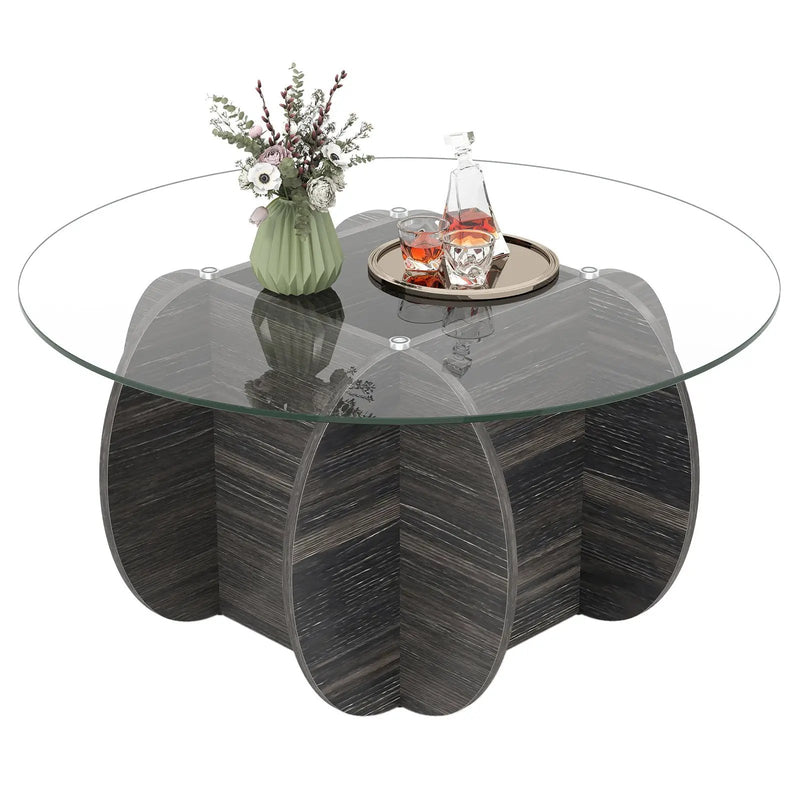 35" Round Coffee Table Unique Circle Center Table with Tempered Glass Top and Solid Wood Base-Black by DirectDeals