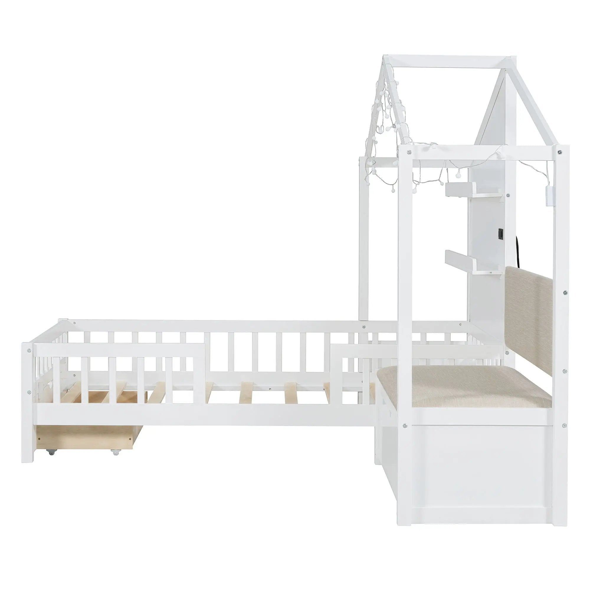 House Bed With Upholstered Sofa, Wireless Charging Station, Shelves And 2 Drawers by HouseOfZazla