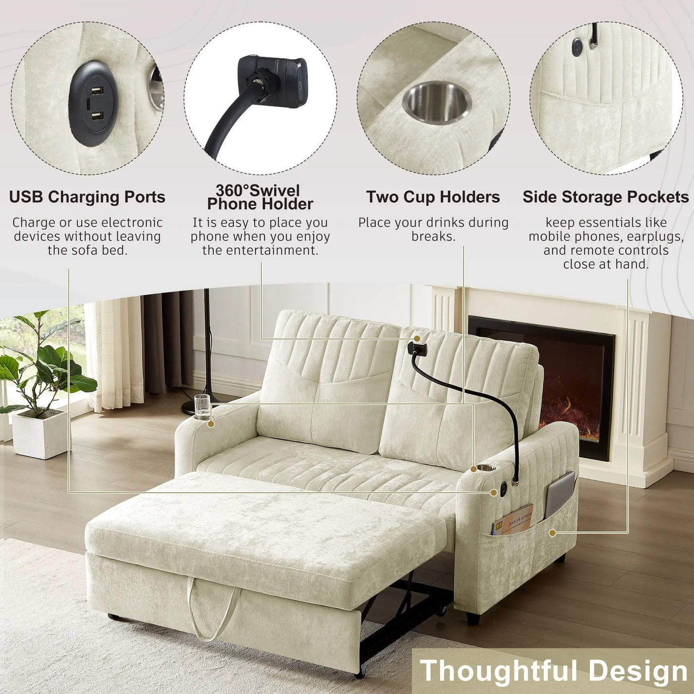 Modern Loveseat Pull Out Sofa Bed With Adjustable Backrest, Two Cup Holders, A Phone Holder, Three Charging Ports And Side Storage Pockets For Living Room by Unique Piece Furniture