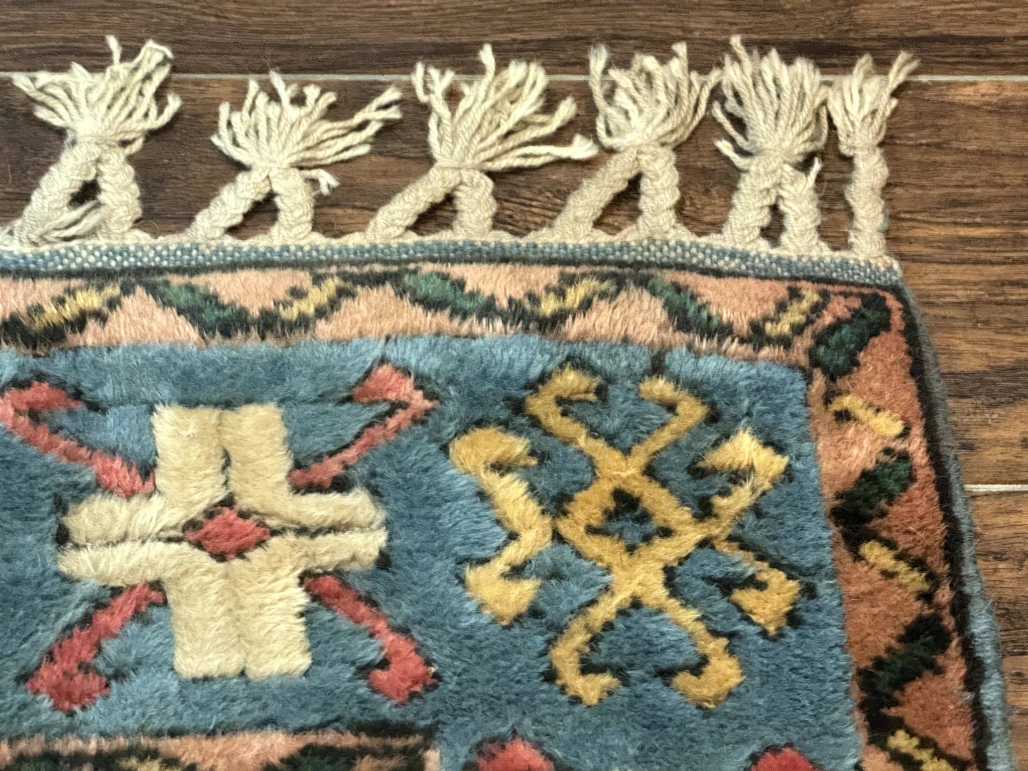 Turkish Kazak Runner Rug 3x11, Cream and Light Blue, Vintage by Jewel Rugs