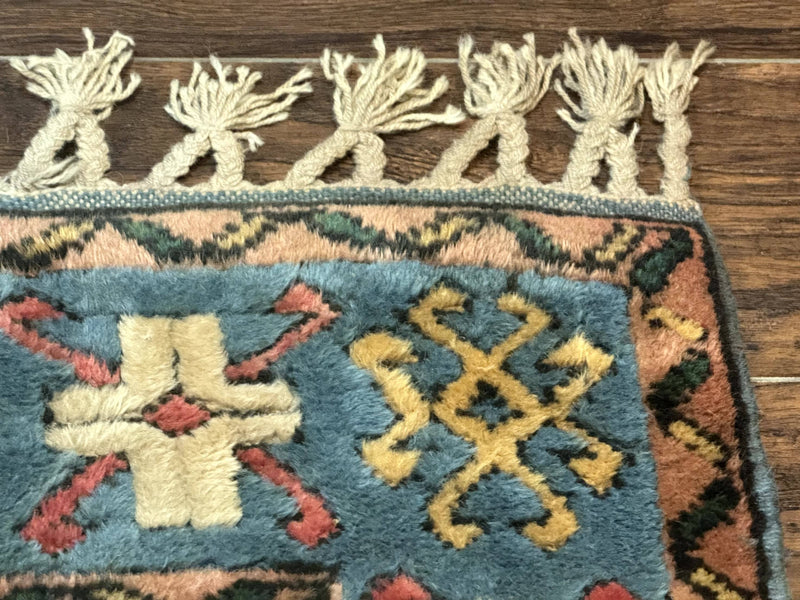 Turkish Kazak Runner Rug 3x11, Cream and Light Blue, Vintage by Jewel Rugs