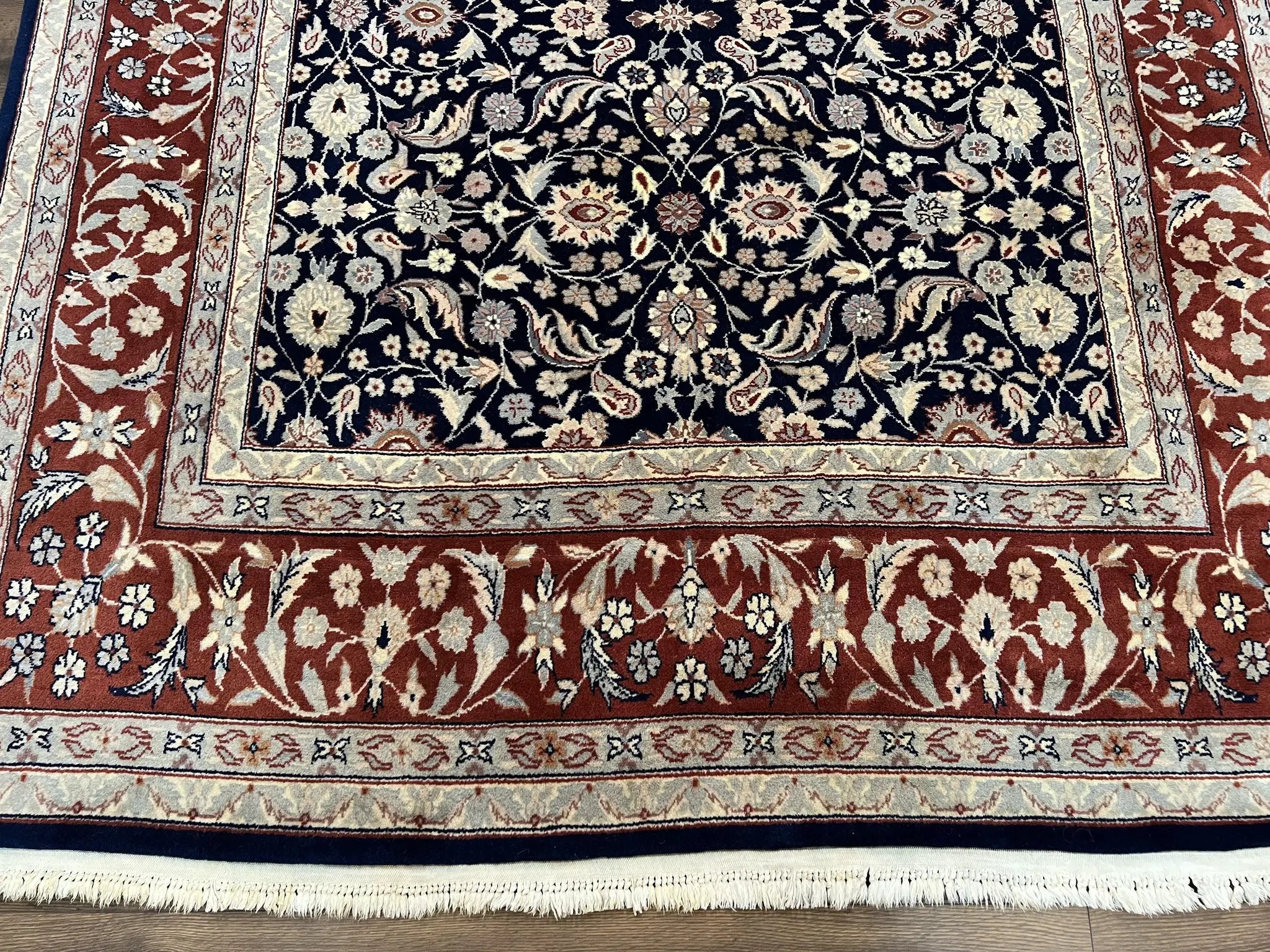 Indo Sarouk Rug 6x9, Vintage Indian Persian Rug, Wool Oriental Carpet, Navy Blue Red Allover Floral Rug, Traditional Very Fine Rug, Area Rug by Jewel Rugs