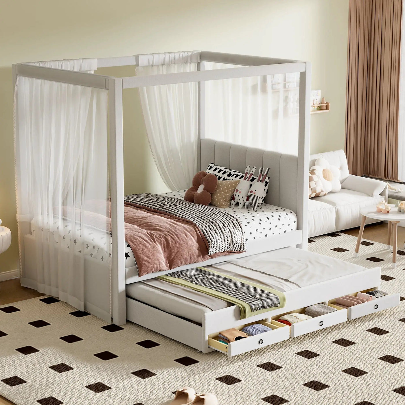 Upholstery Canopy Platform Bed With Trundle And Three Storage Drawers by Unique Piece Furniture