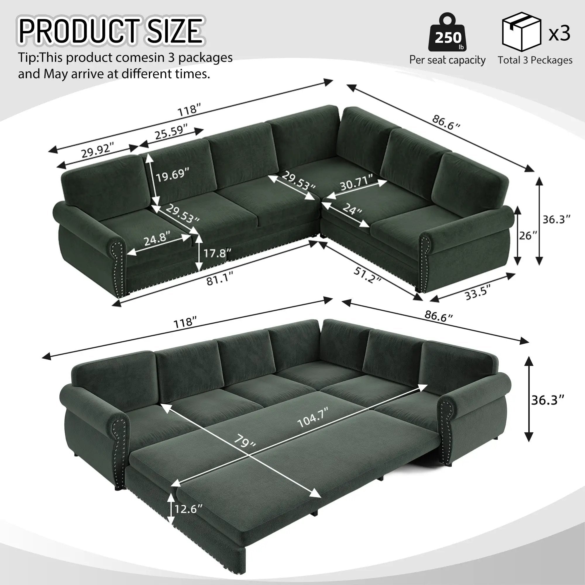 118" L-Shaped Convertible Sofa Couch by HouseOfZazla