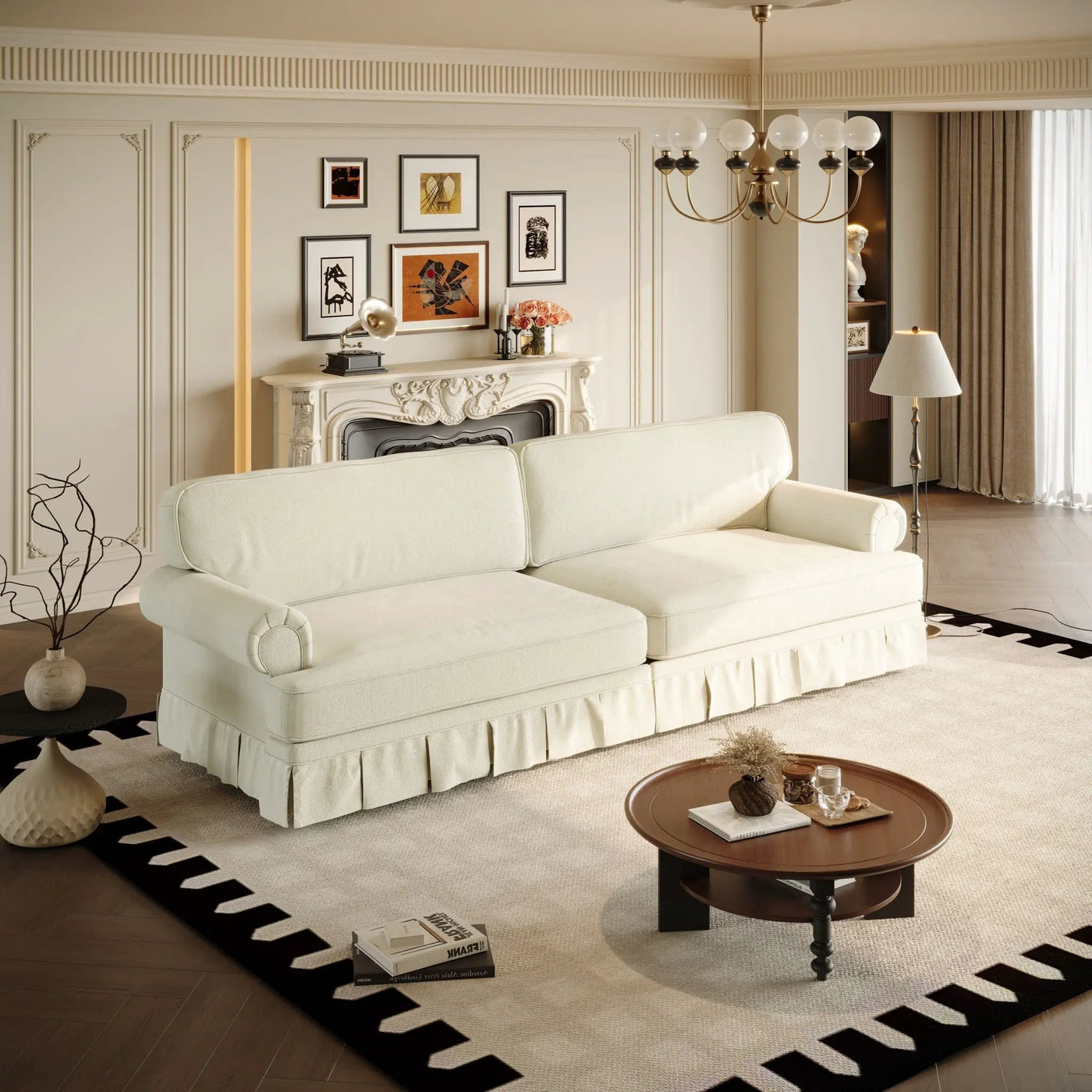 Luxuriously Comfortable Cloud Couch Sofa With Elegant Rolled Arms & Pleated Skirt Design by HouseOfZazla
