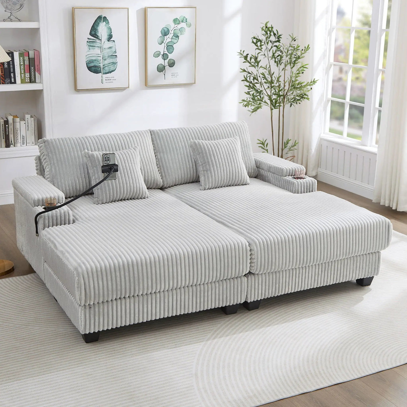 Modern Chaise Sofa With Adjustable Backrest, Cup Holders, Phone Holder & Storage Compartments For Living Room by Unique Piece Furniture
