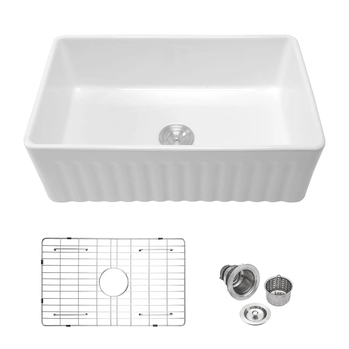Ceramic Farmhouse Sink With Deep Basin And Stainless Steel Grid by HouseOfZazla